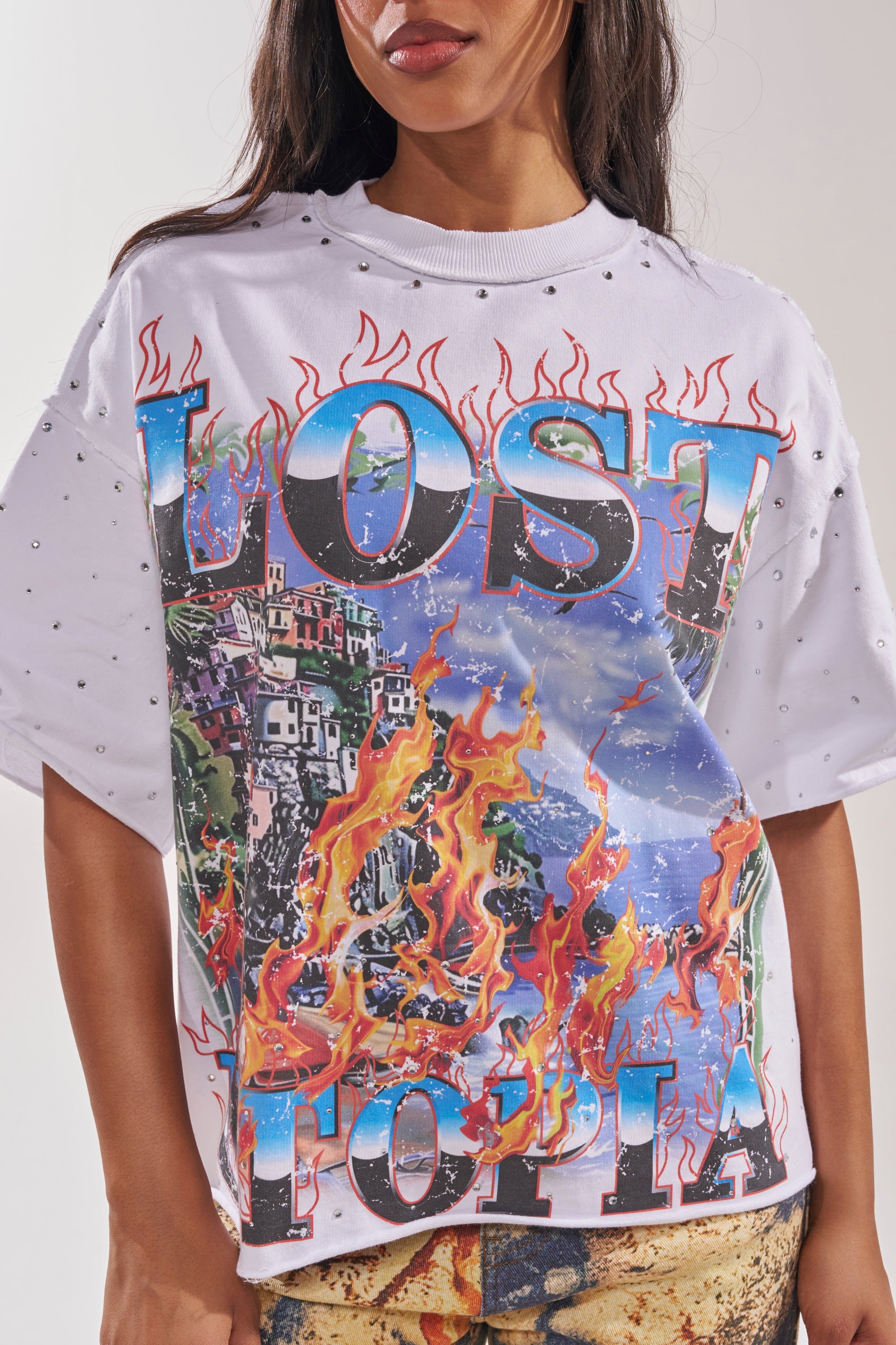 FIRST ROW LOST UTOPIA RHINESTONE FRENCH TERRY TEE