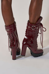 AZALEA WANG GERNOT BURGUNDY LACE UP SCALED PLATFORM BOOTIE