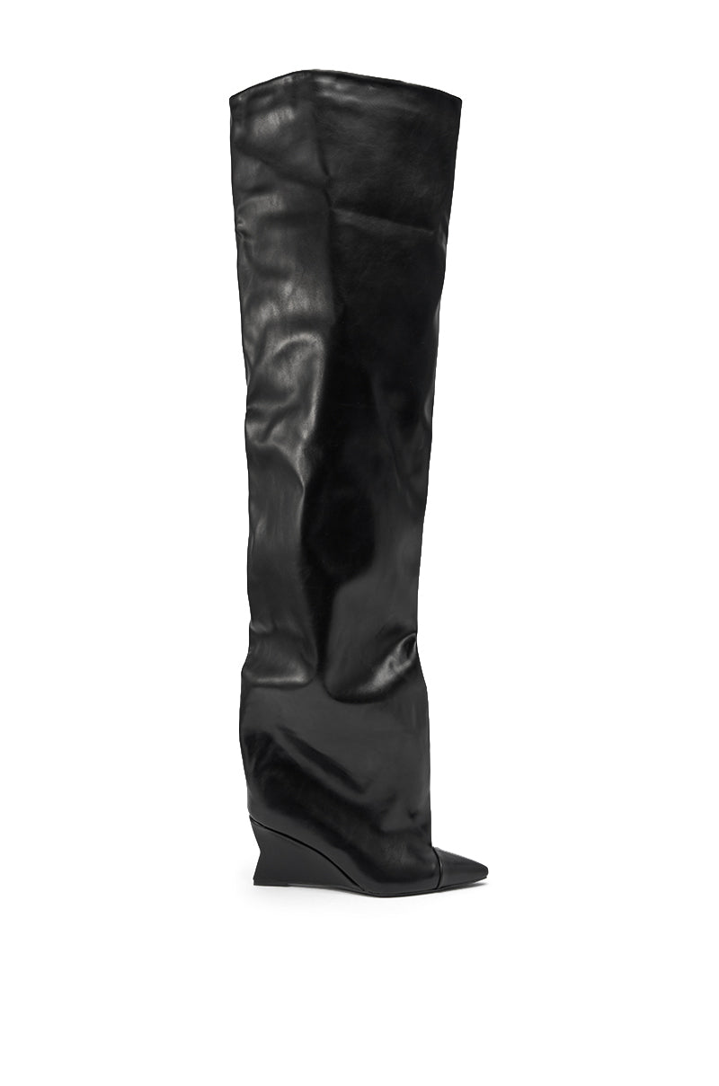 AZALEA WANG GHANA OVER THE KNEE BLACK PU WEDGE BOOT