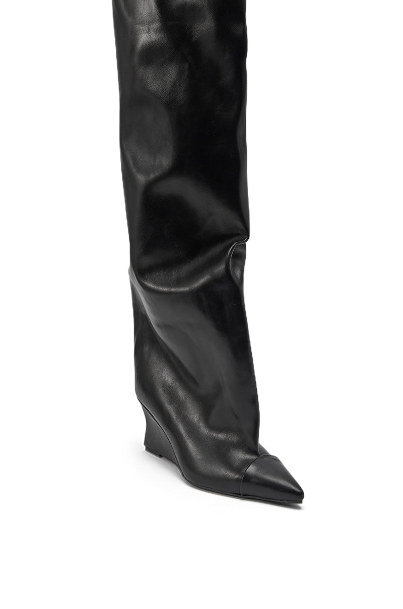 AZALEA WANG GHANA OVER THE KNEE BLACK PU WEDGE BOOT