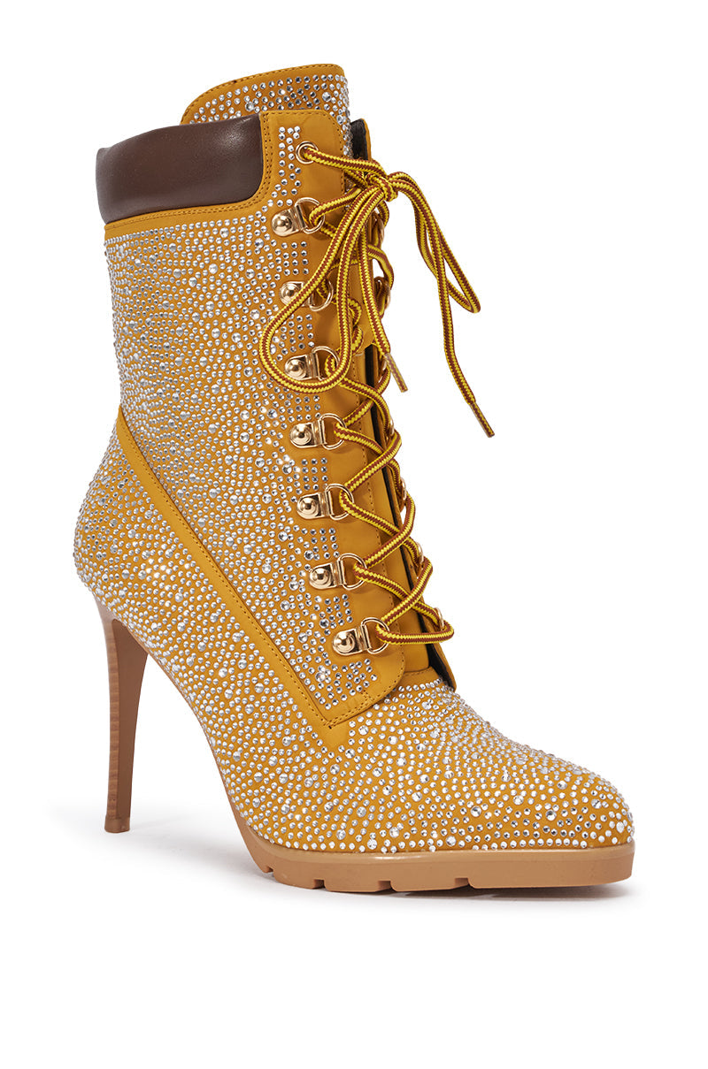 AKIRA GOLD GLAMOUR TAN RHINESTONE BOOTIE