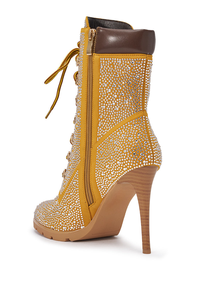 AKIRA GOLD GLAMOUR TAN RHINESTONE BOOTIE