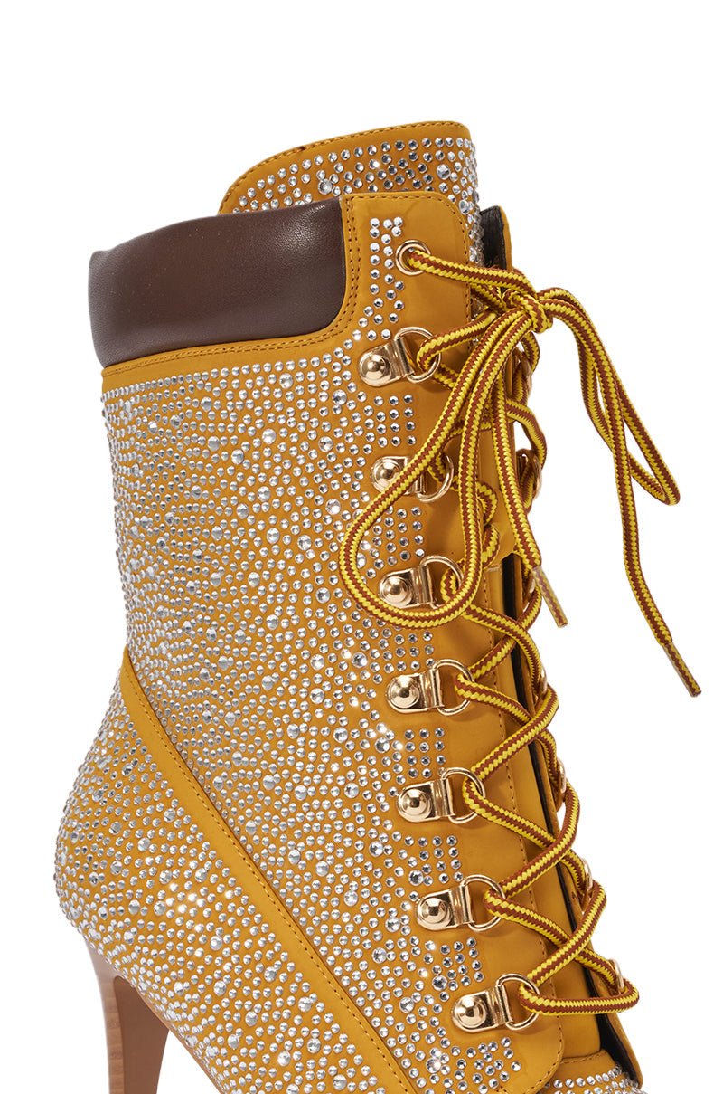 AKIRA GOLD GLAMOUR TAN RHINESTONE BOOTIE