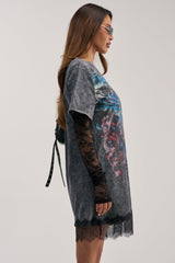 THEY WATCH I WIN GRAPHIC LACE MINI DRESS