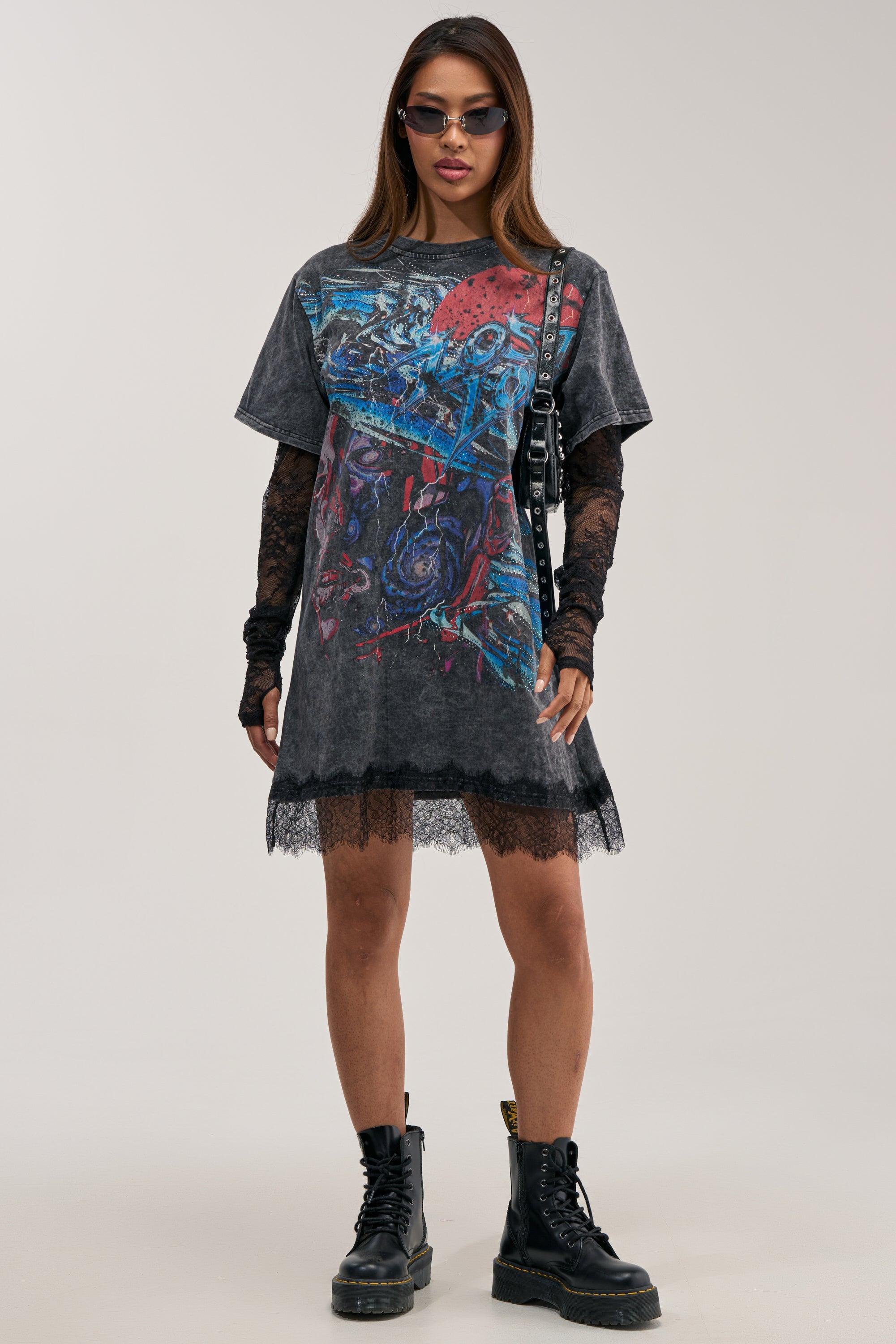 THEY WATCH I WIN GRAPHIC LACE MINI DRESS
