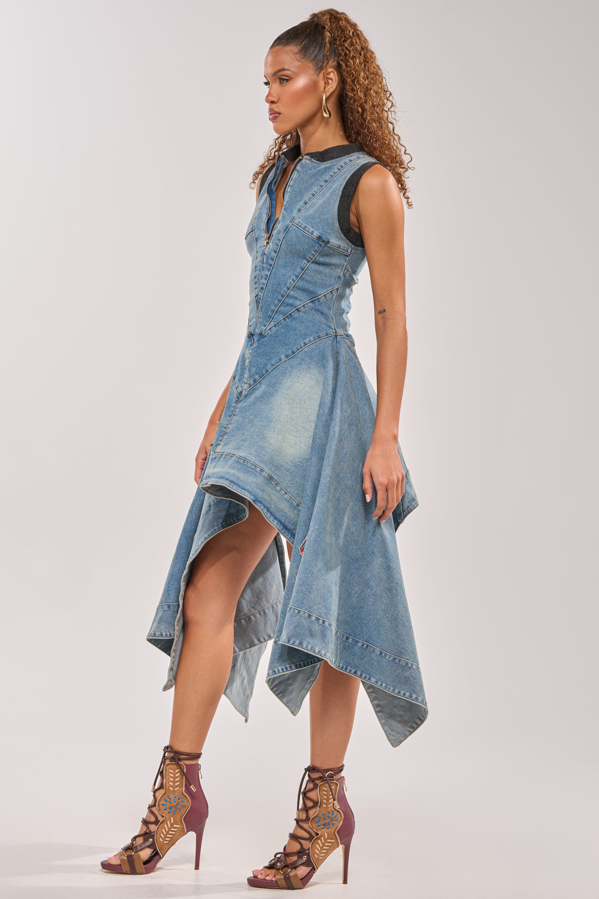 BALLER OFF DUTY DENIM PATCHWORK MINI DRESS