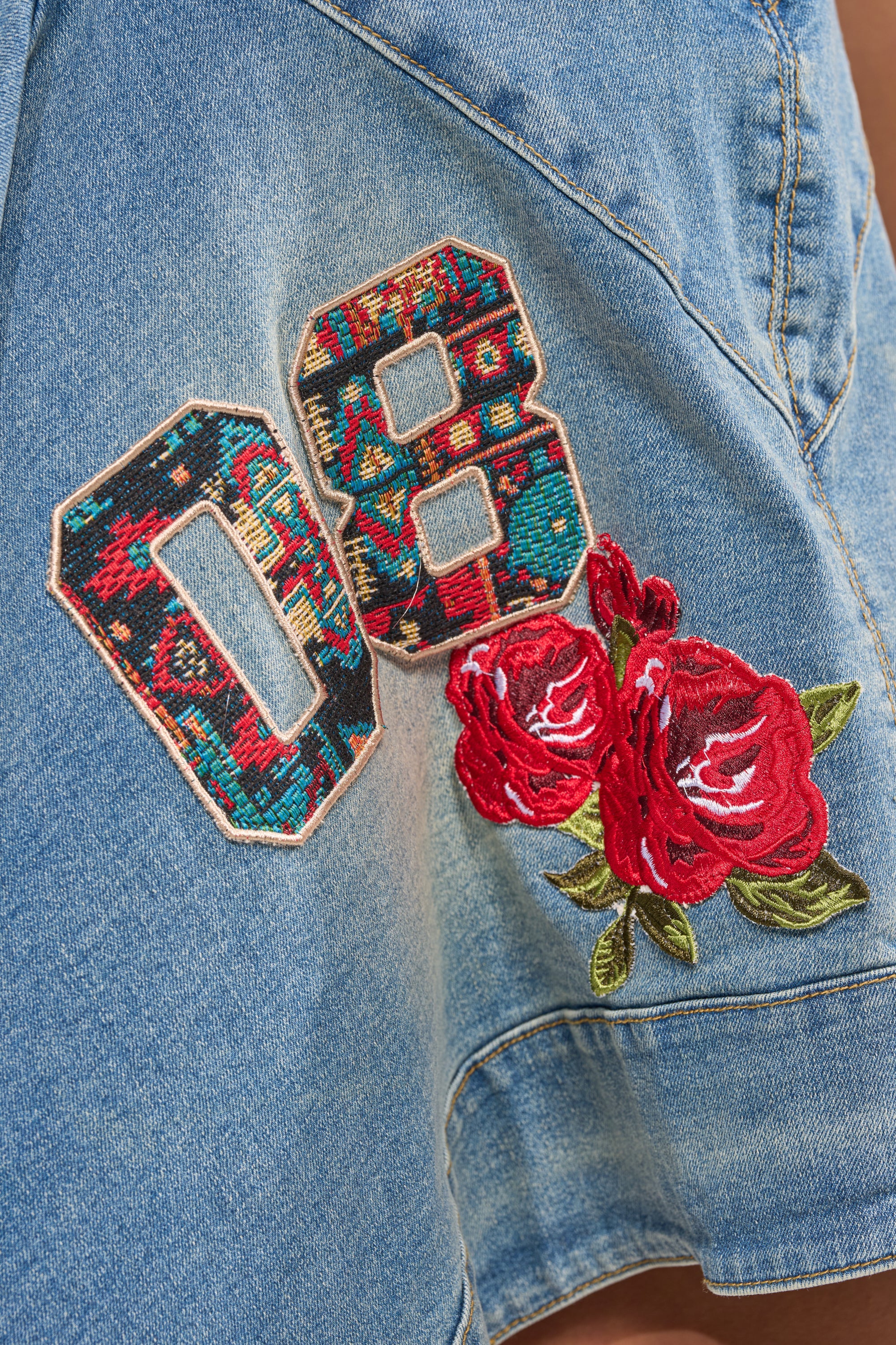 BALLER OFF DUTY DENIM PATCHWORK MINI DRESS
