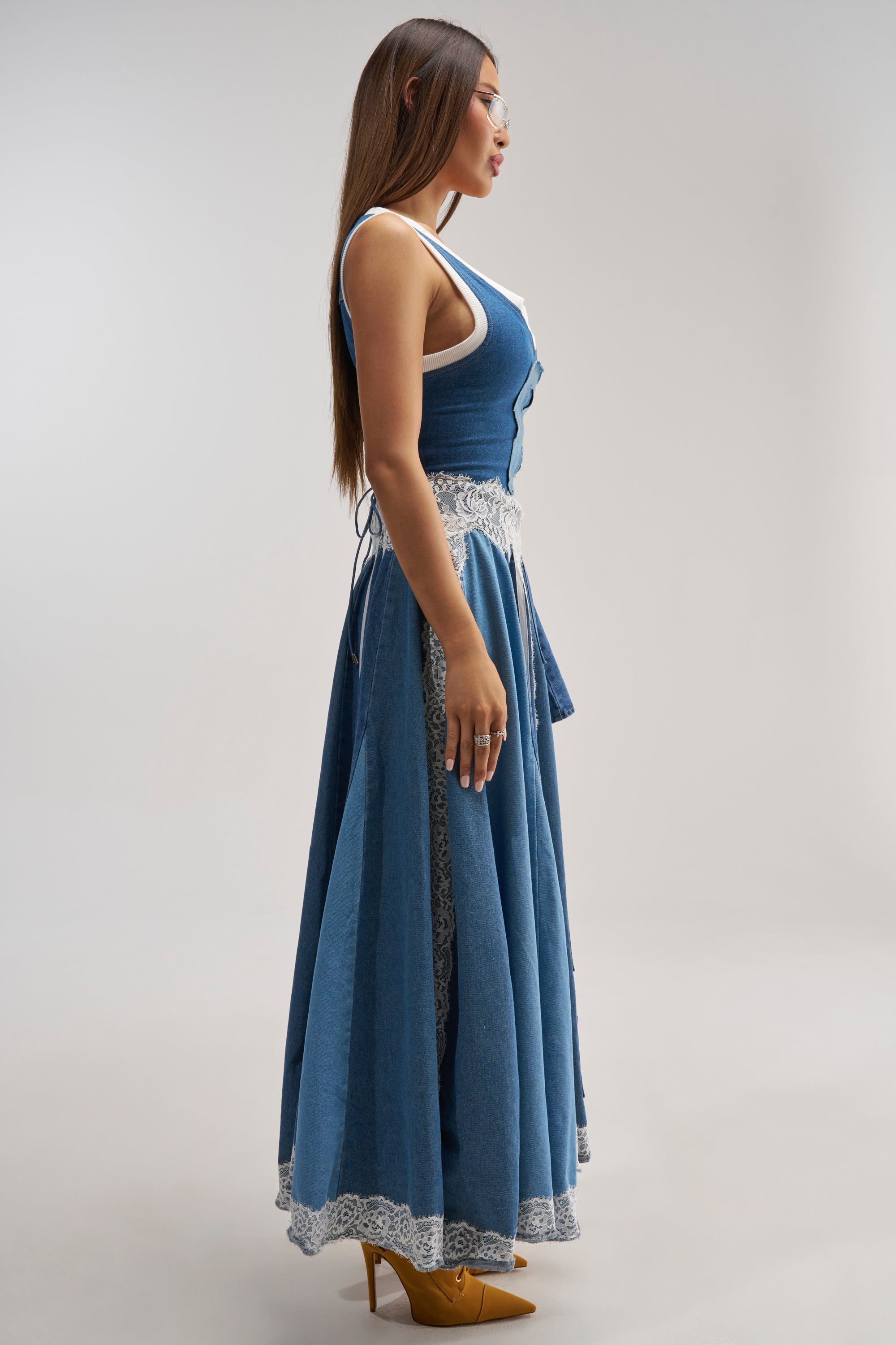 BOSSED UP DENIM MINI DRESS IN LIGHT BLUE DENIM PATCHWORK