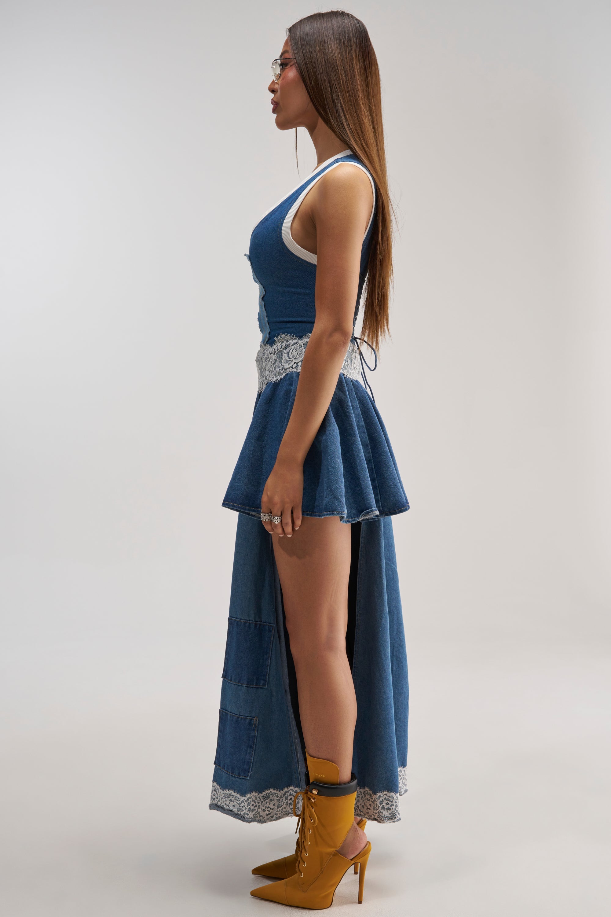 BOSSED UP DENIM MINI DRESS IN LIGHT BLUE DENIM PATCHWORK