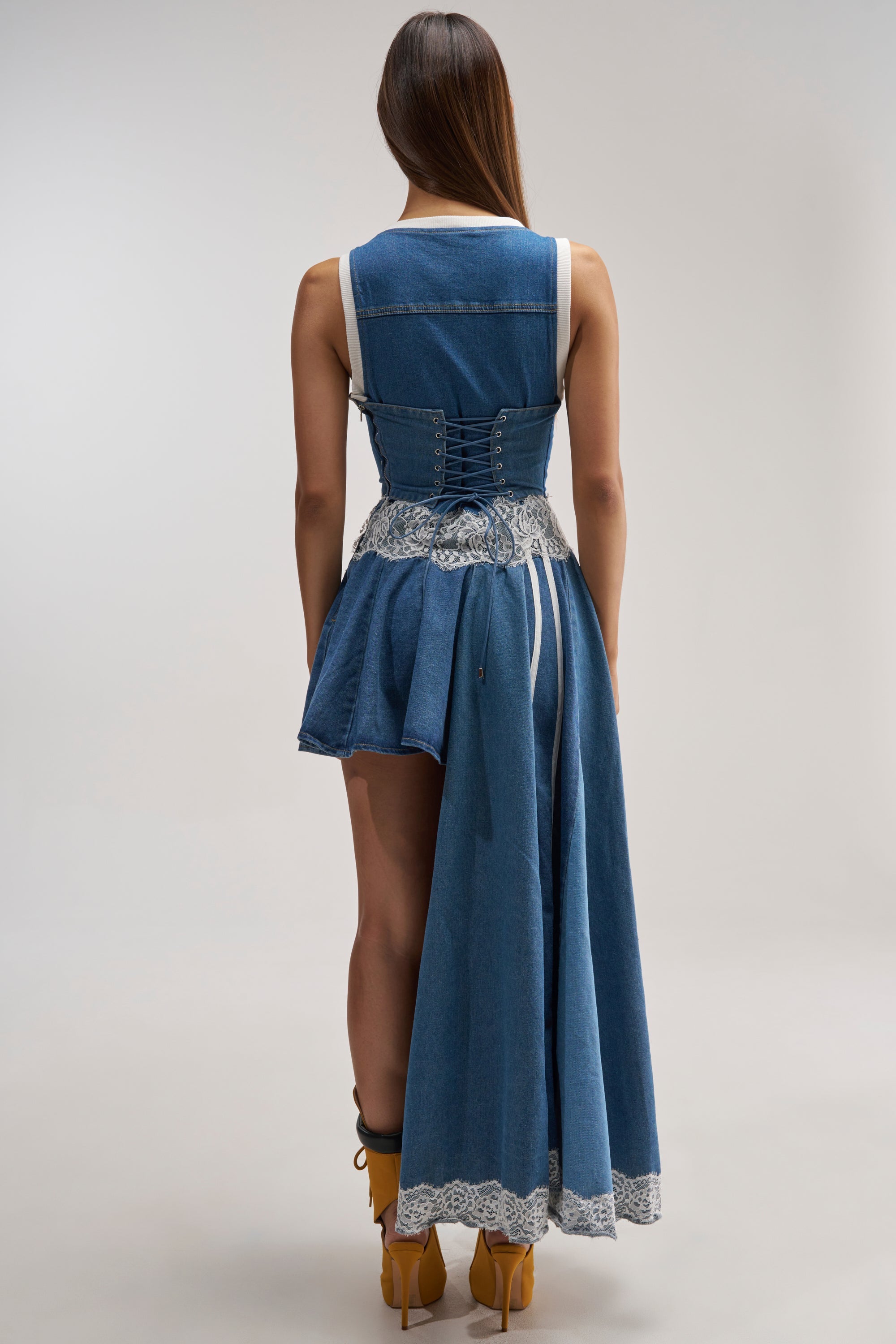 BOSSED UP DENIM MINI DRESS IN LIGHT BLUE DENIM PATCHWORK