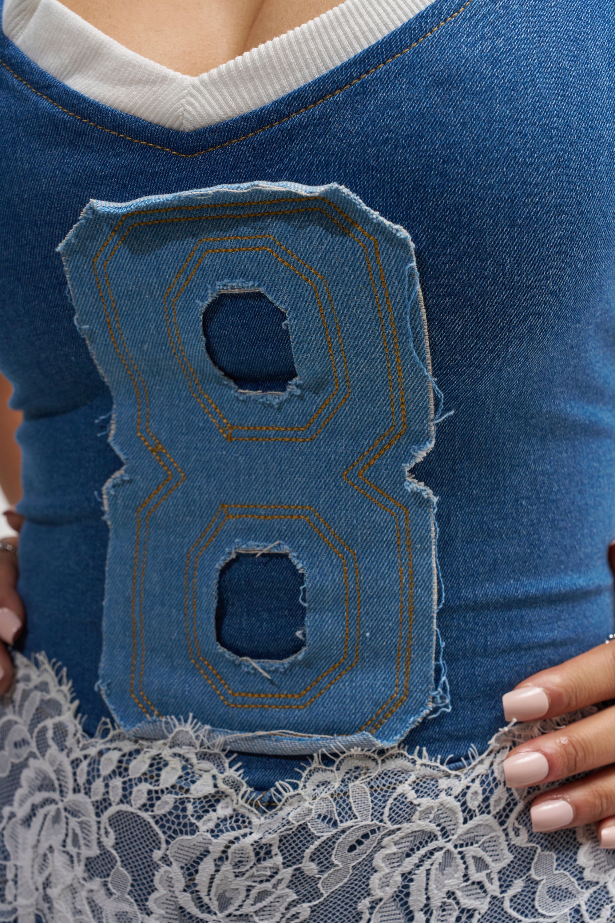 BOSSED UP DENIM MINI DRESS IN LIGHT BLUE DENIM PATCHWORK