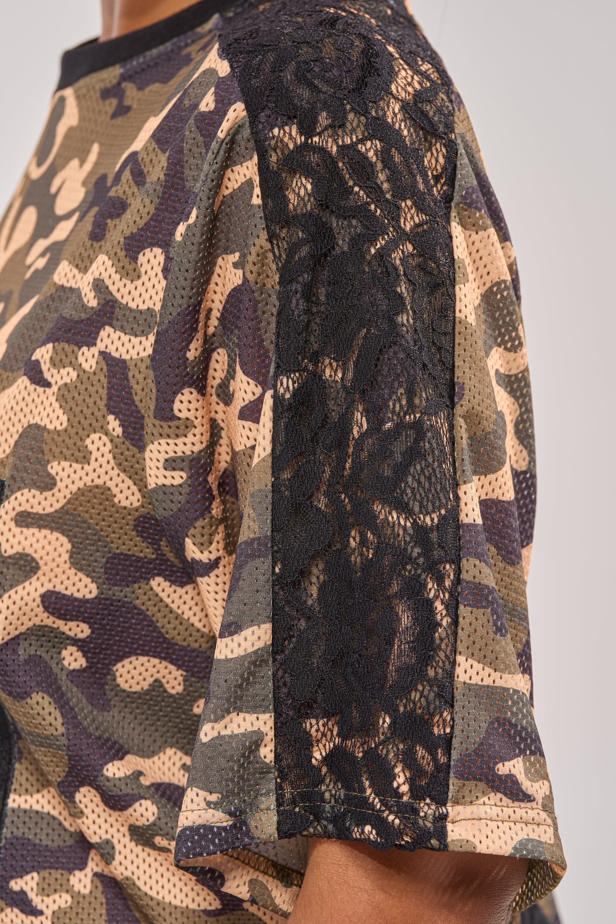 POPPIN POPPYS LACE JERSEY MINI DRESS IN CAMO