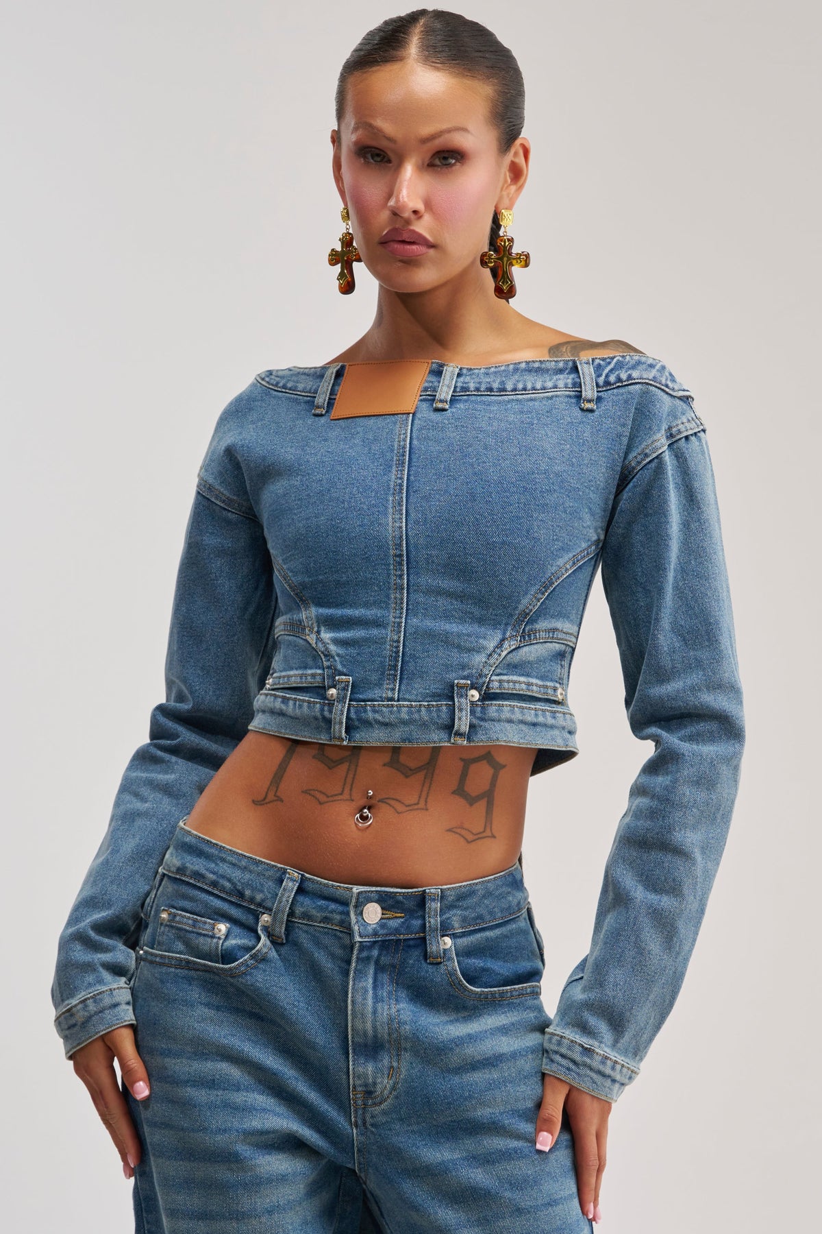 SHAKE IT OFF DENIM OFF THE SHOULDER TOP