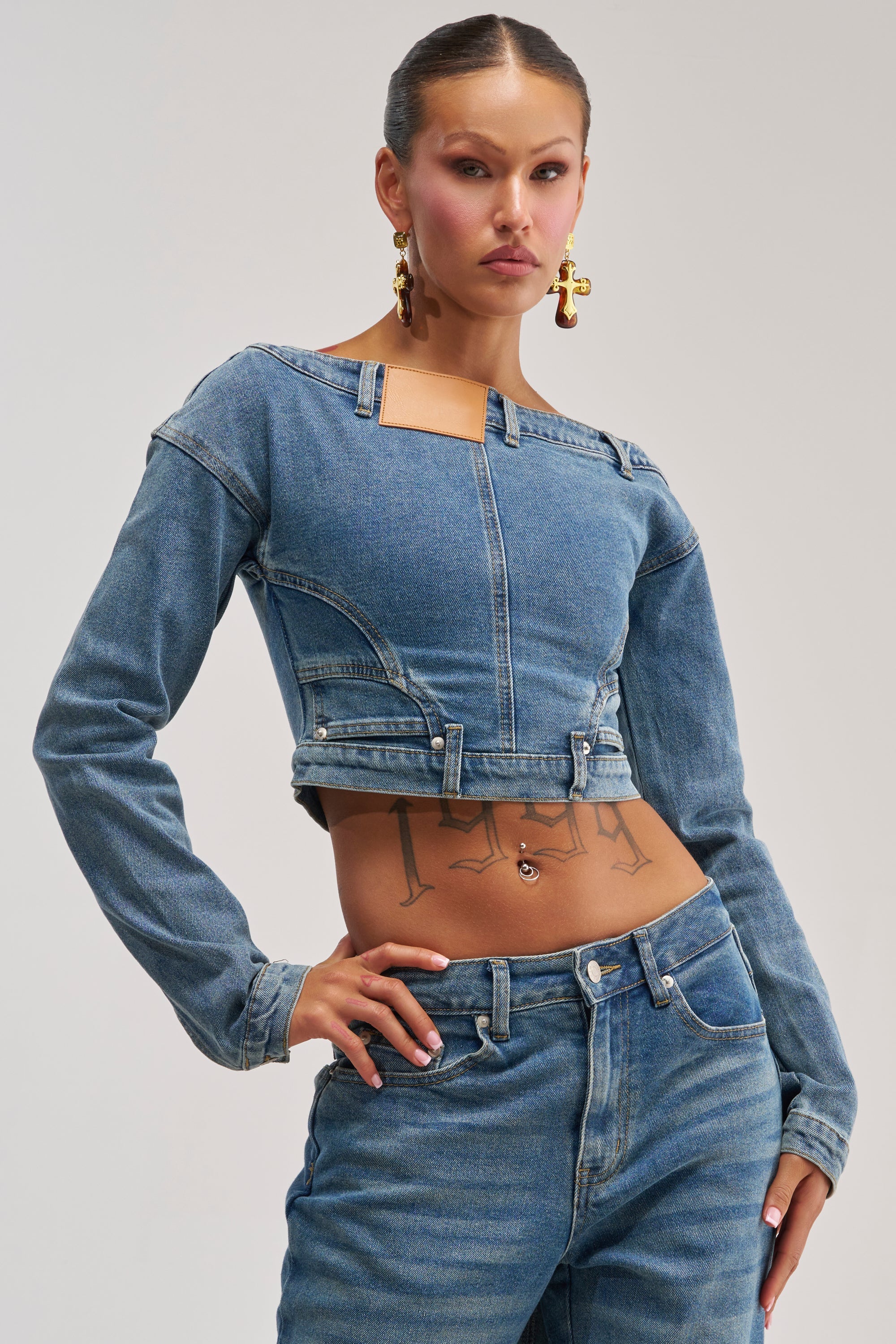 SHAKE IT OFF DENIM OFF THE SHOULDER TOP