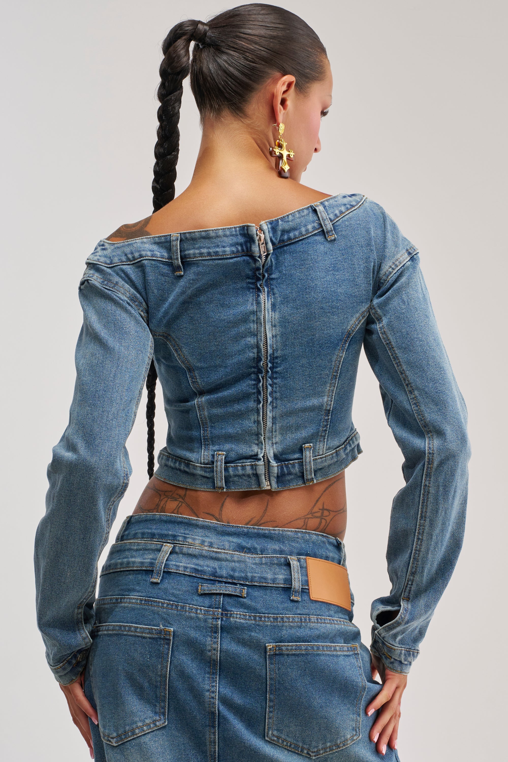 SHAKE IT OFF DENIM OFF THE SHOULDER TOP