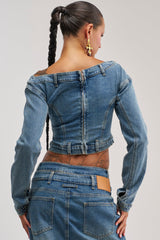 SHAKE IT OFF DENIM OFF THE SHOULDER TOP