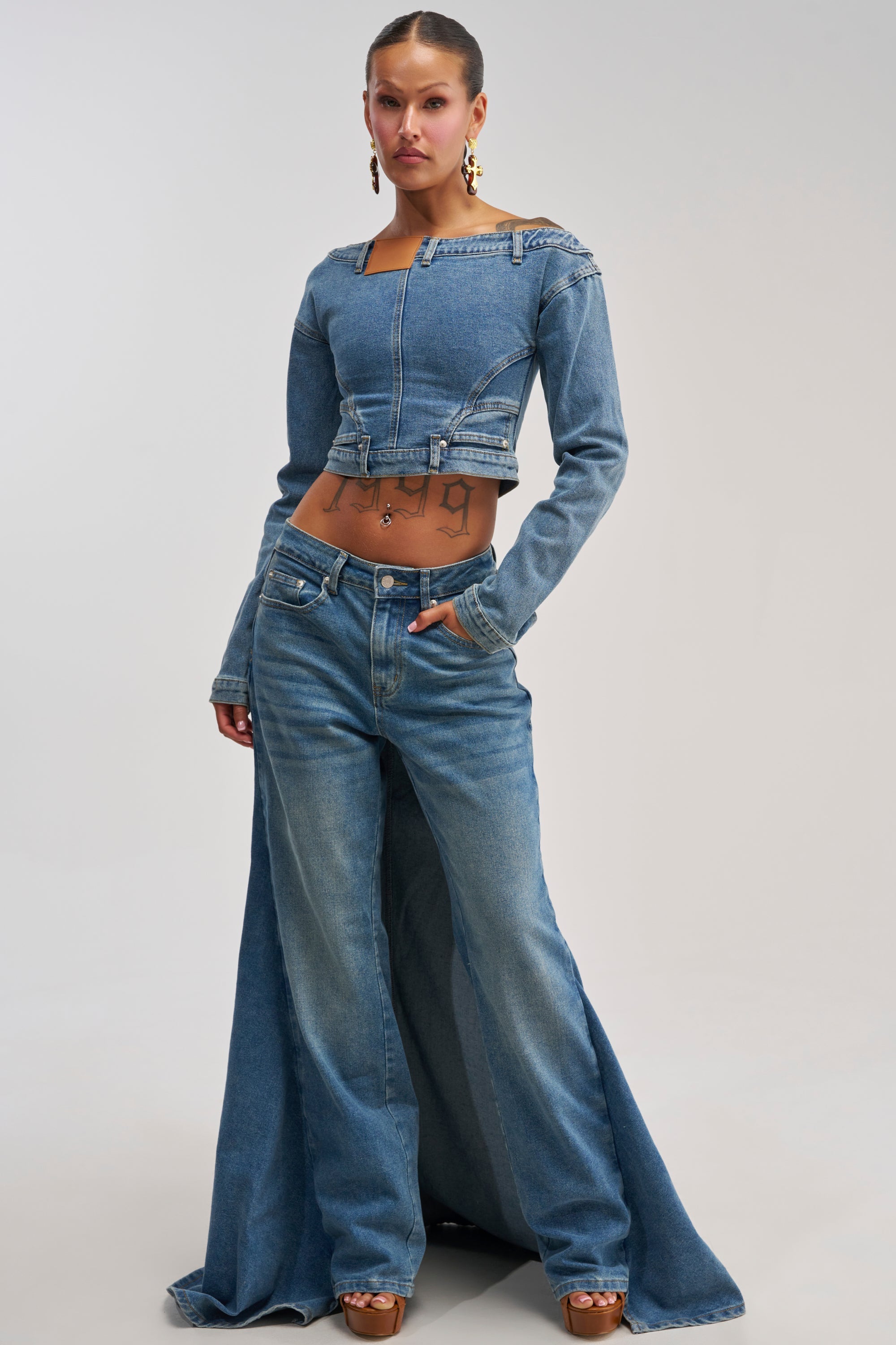 SHAKE IT OFF DENIM OFF THE SHOULDER TOP