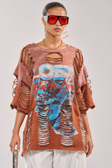BYE GIRL OVERSIZED DISTRESSED TEE IN BROWN