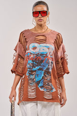 BYE GIRL OVERSIZED DISTRESSED TEE IN BROWN