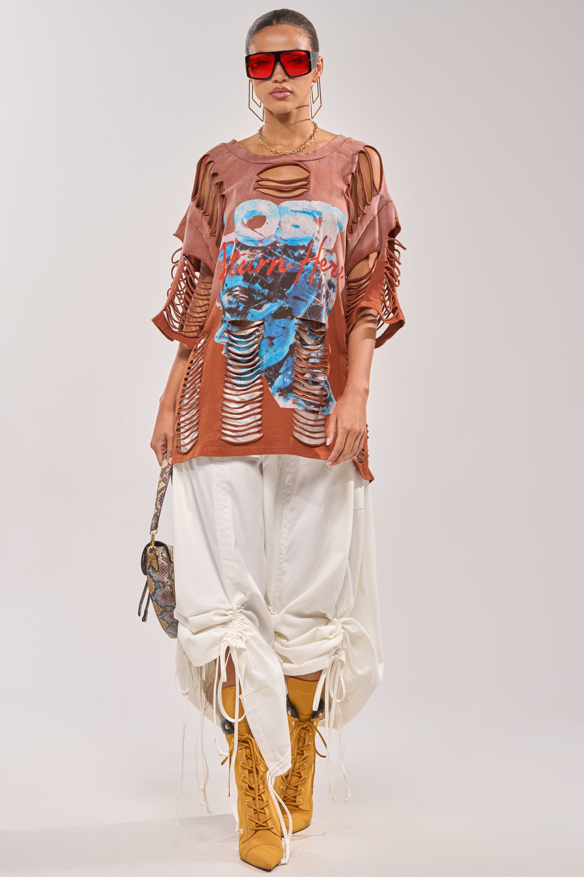 BYE GIRL OVERSIZED DISTRESSED TEE IN BROWN