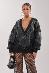 LETS DO THIS FAUX LEATHER SWEATSHIRT