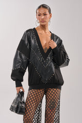 LETS DO THIS FAUX LEATHER SWEATSHIRT