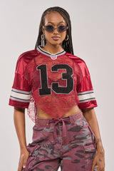 LUCKY LACE JERSEY TOP IN BURGUNDY