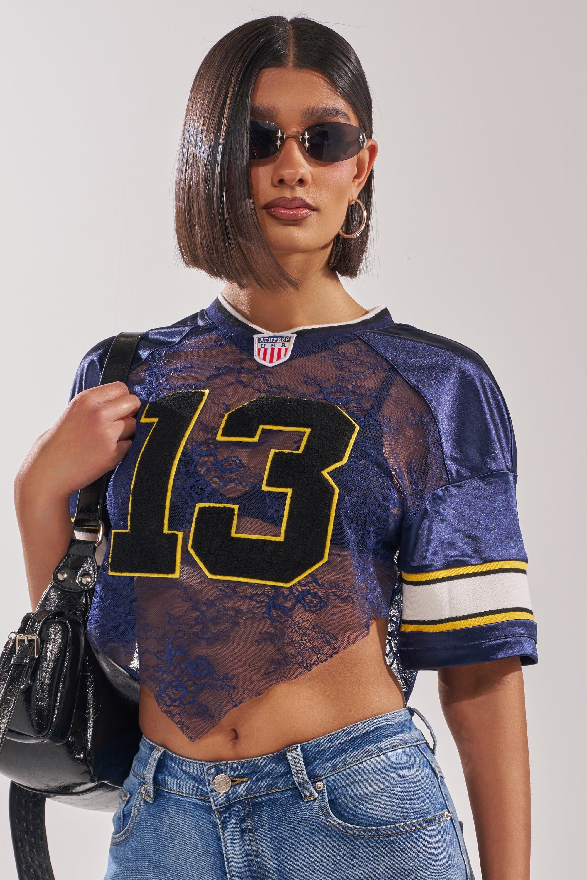 LUCKY LACE JERSEY TOP IN NAVY