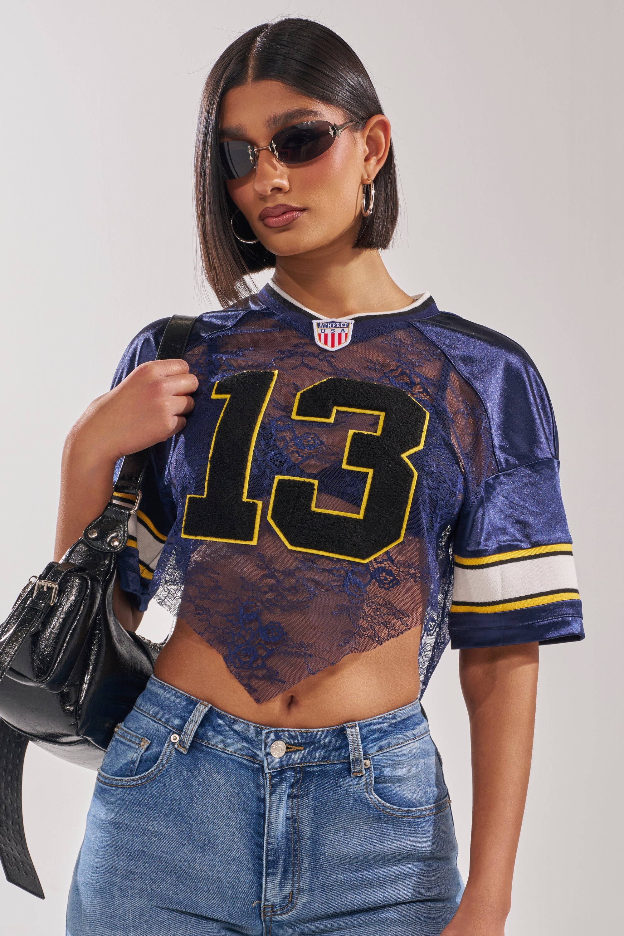 LUCKY LACE JERSEY TOP IN NAVY