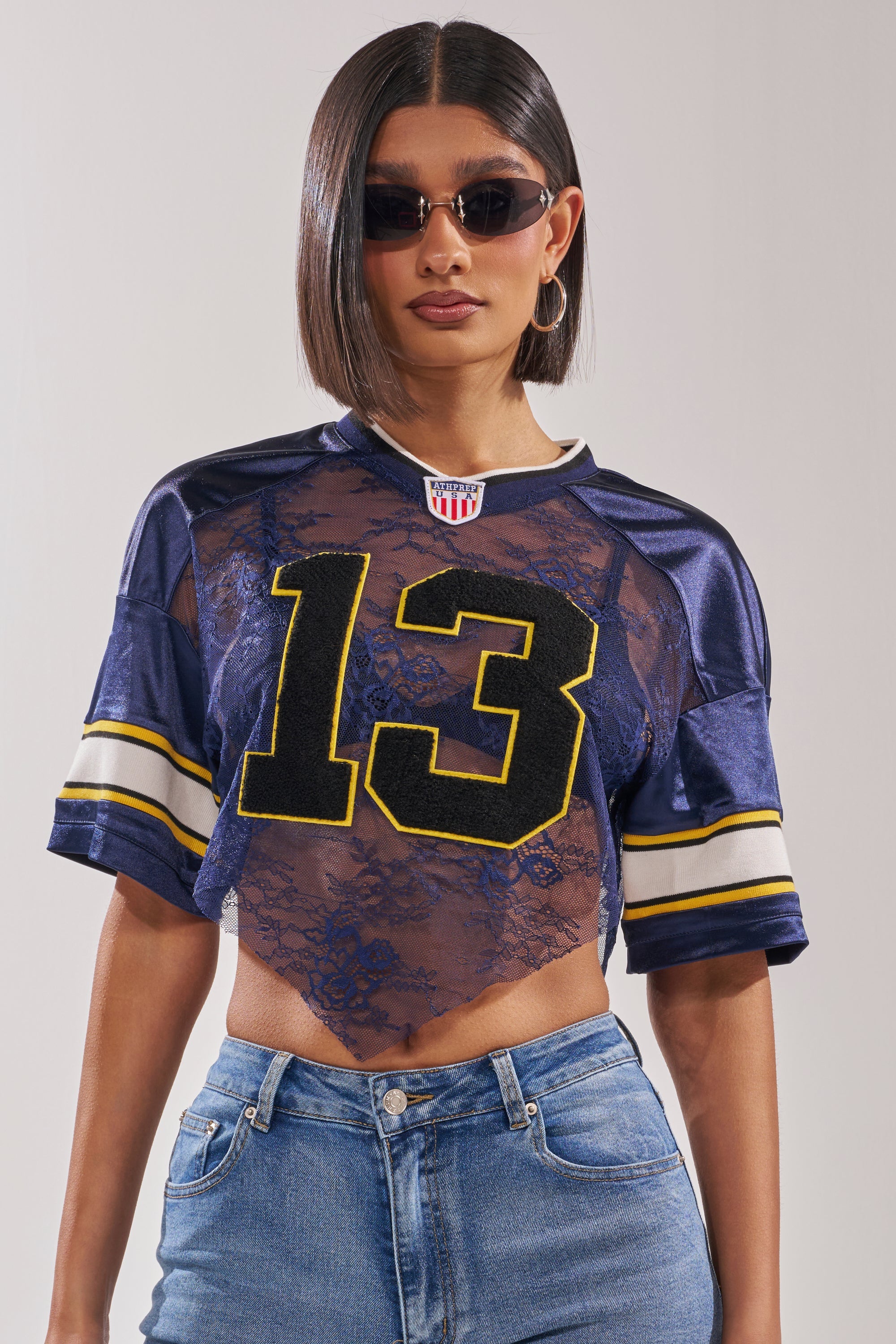 LUCKY LACE JERSEY TOP IN NAVY