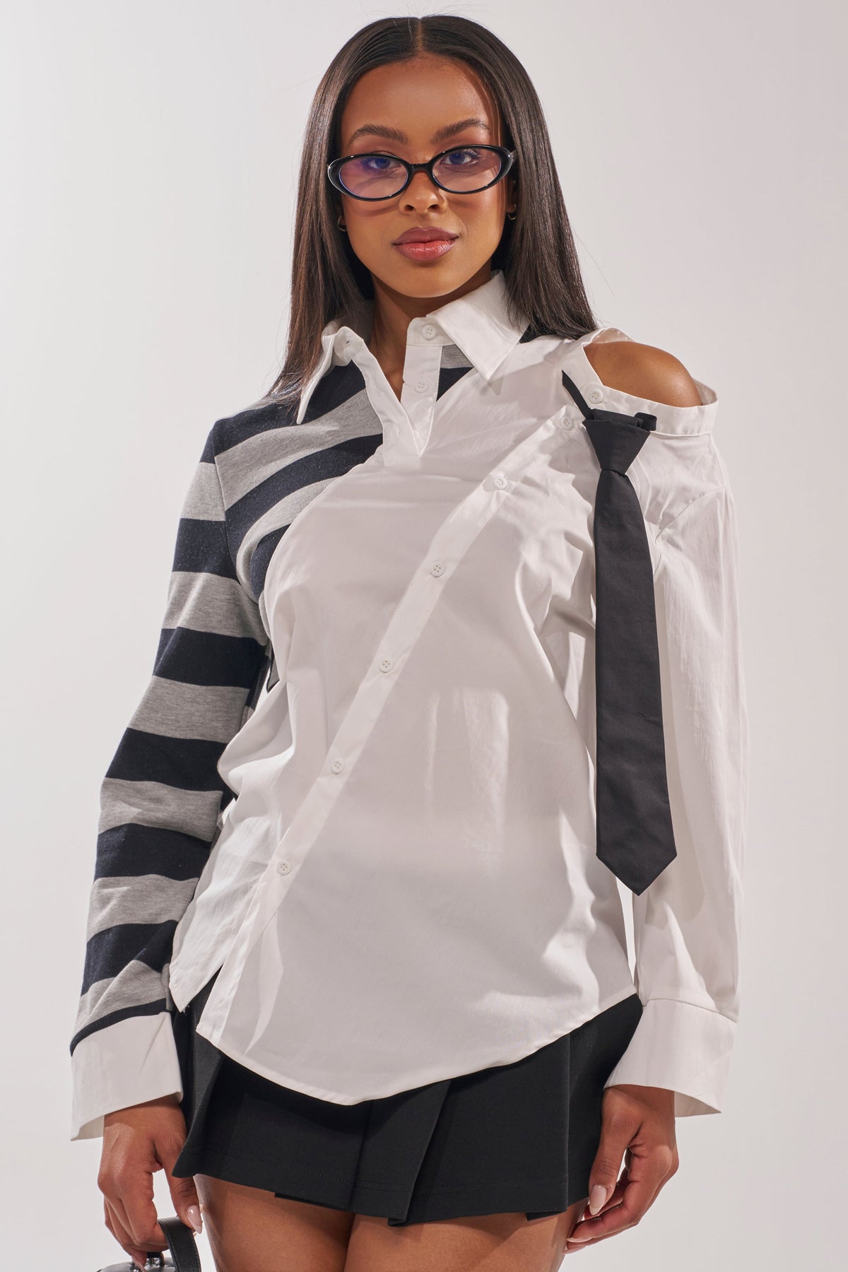 MIXED UP STRIPED POLO BLOUSE