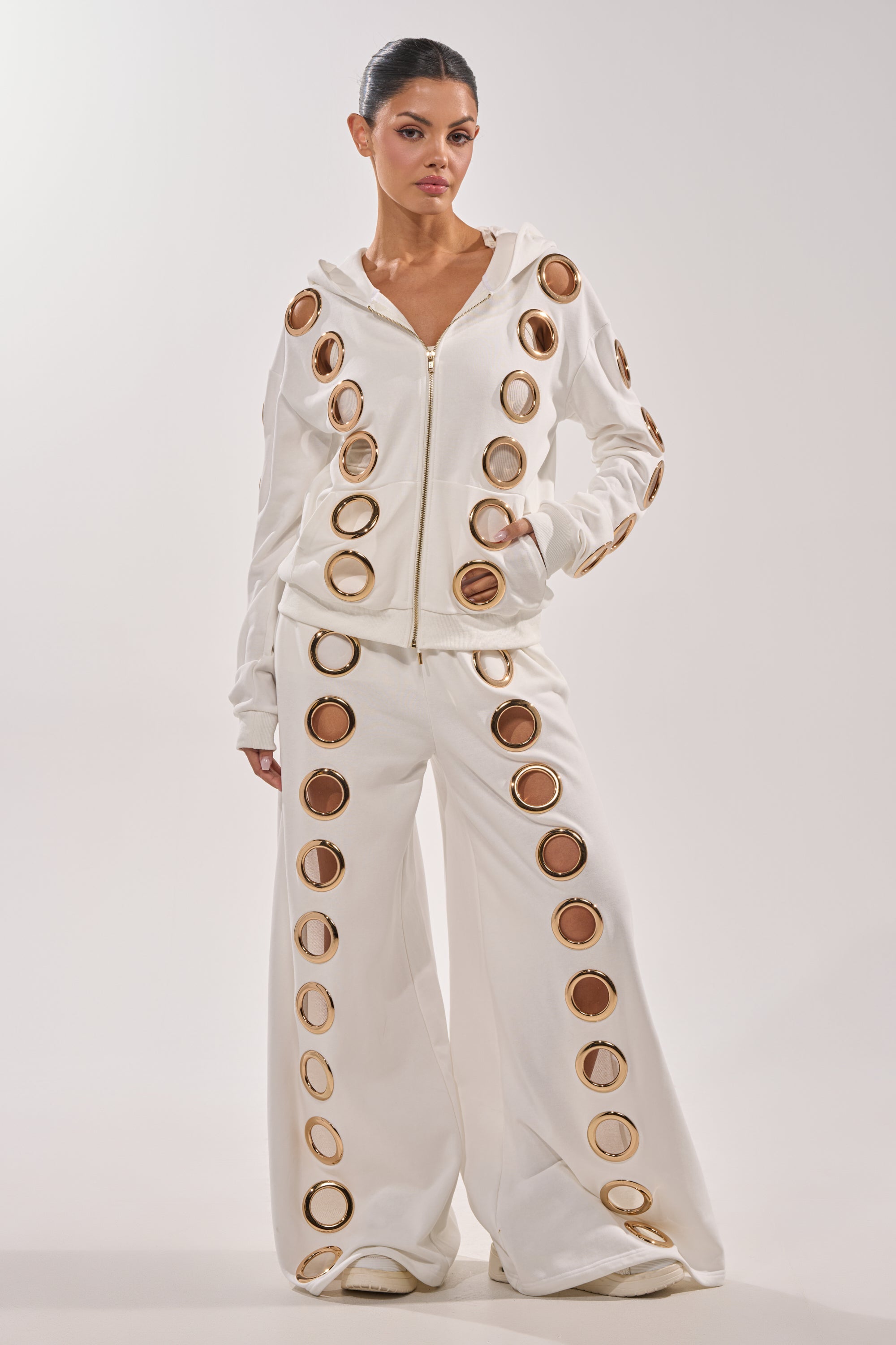 THROUGH THE NIGHT WIDE LEG SWEATPANT WITH HOLES IN WHITE