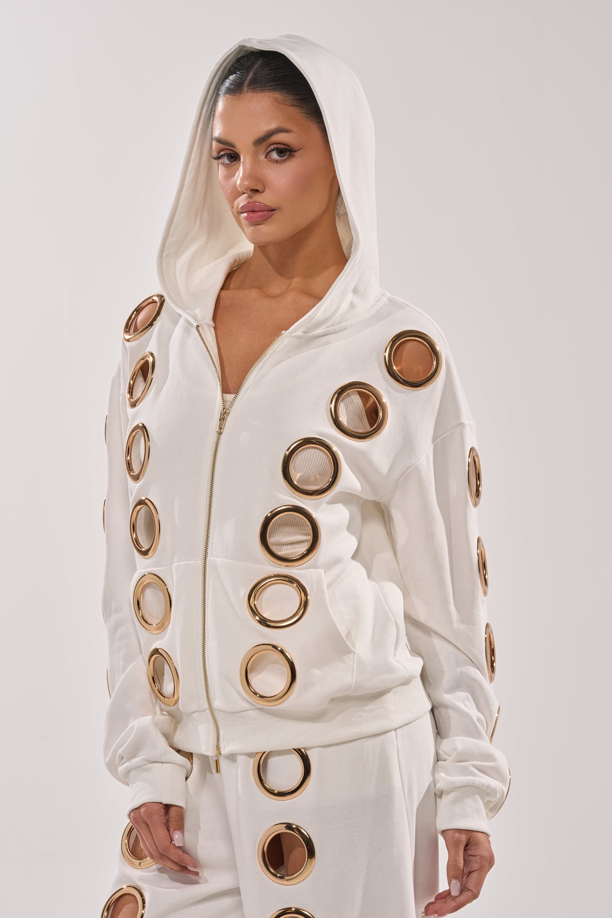 THROUGH THE NIGHT SWEATSHIRT WITH HOLES IN WHITE