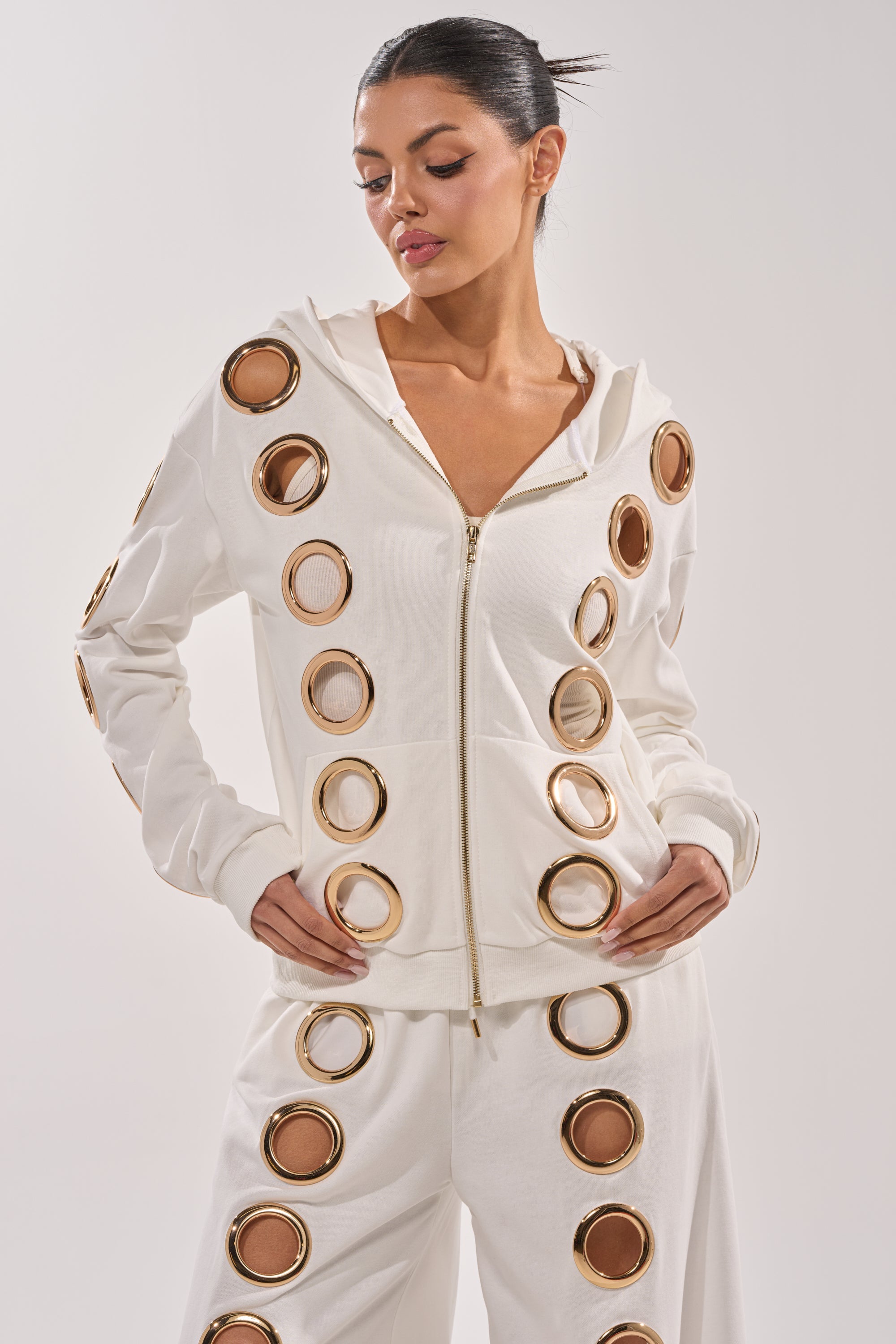 THROUGH THE NIGHT SWEATSHIRT WITH HOLES IN WHITE