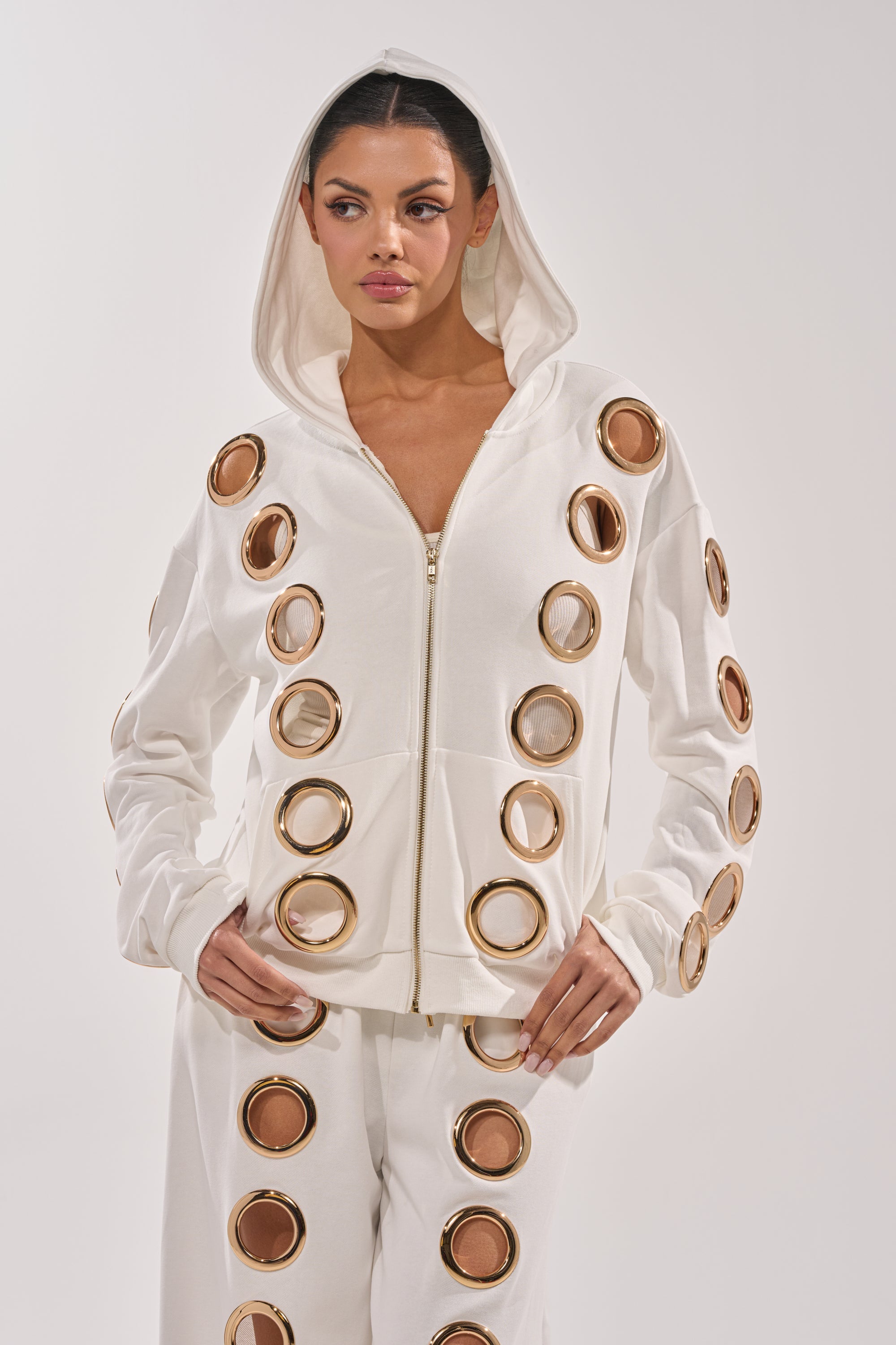 THROUGH THE NIGHT SWEATSHIRT WITH HOLES IN WHITE