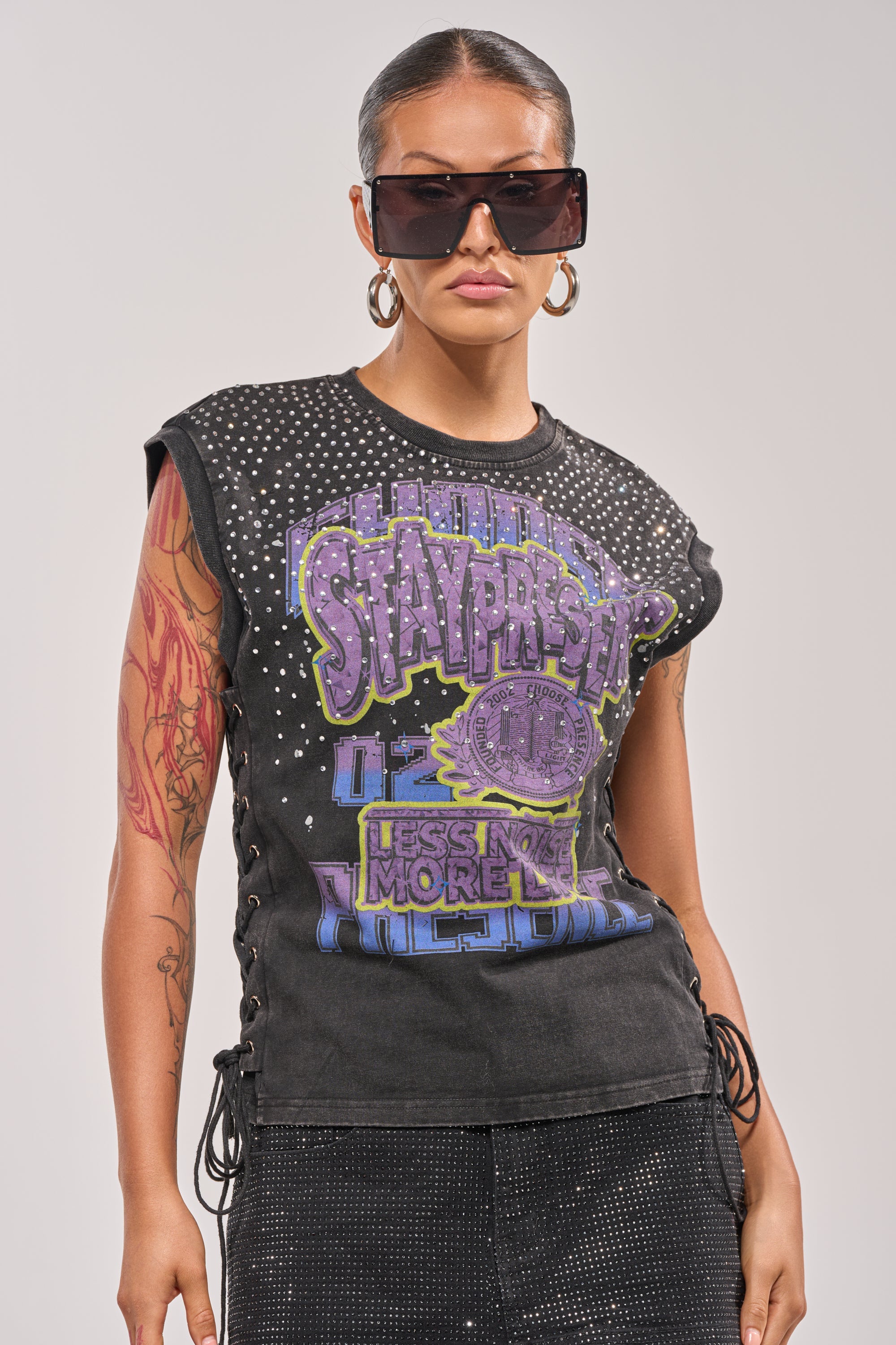 STAY PRESENT EMBELLISHED LACE UP TEE