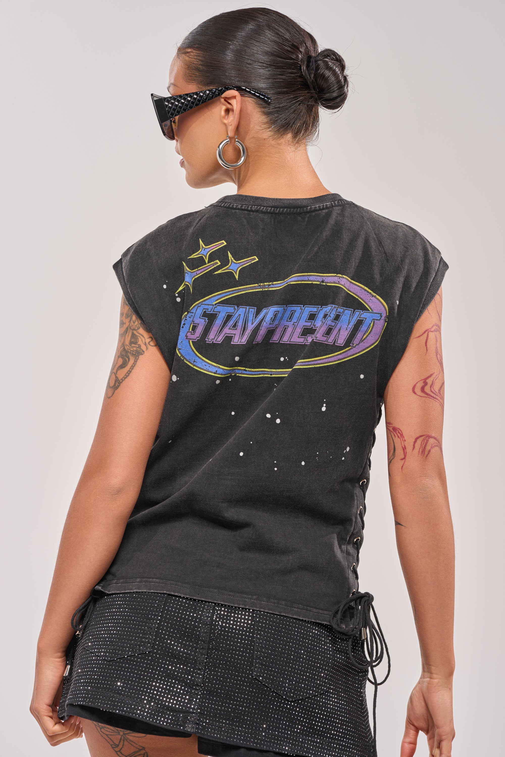 STAY PRESENT EMBELLISHED LACE UP TEE