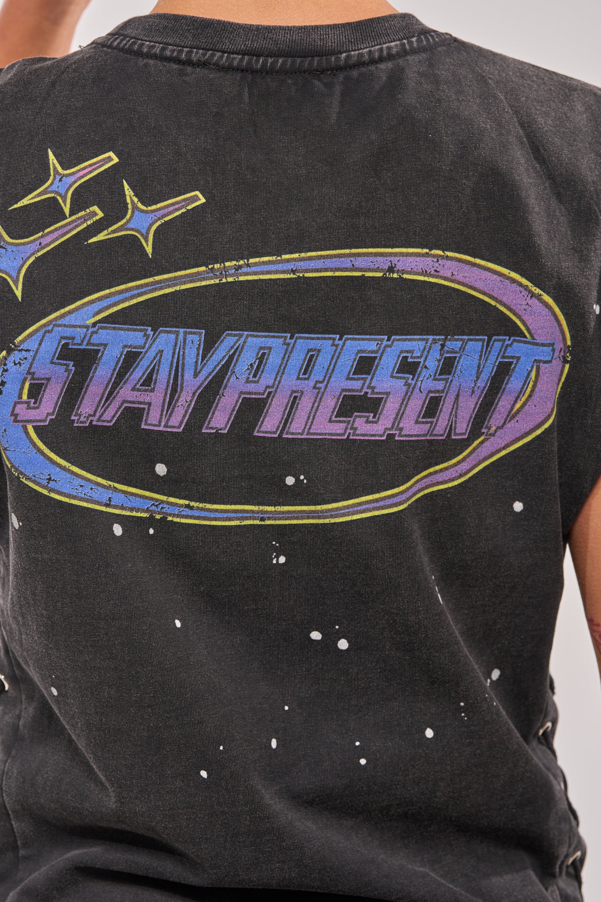 STAY PRESENT EMBELLISHED LACE UP TEE