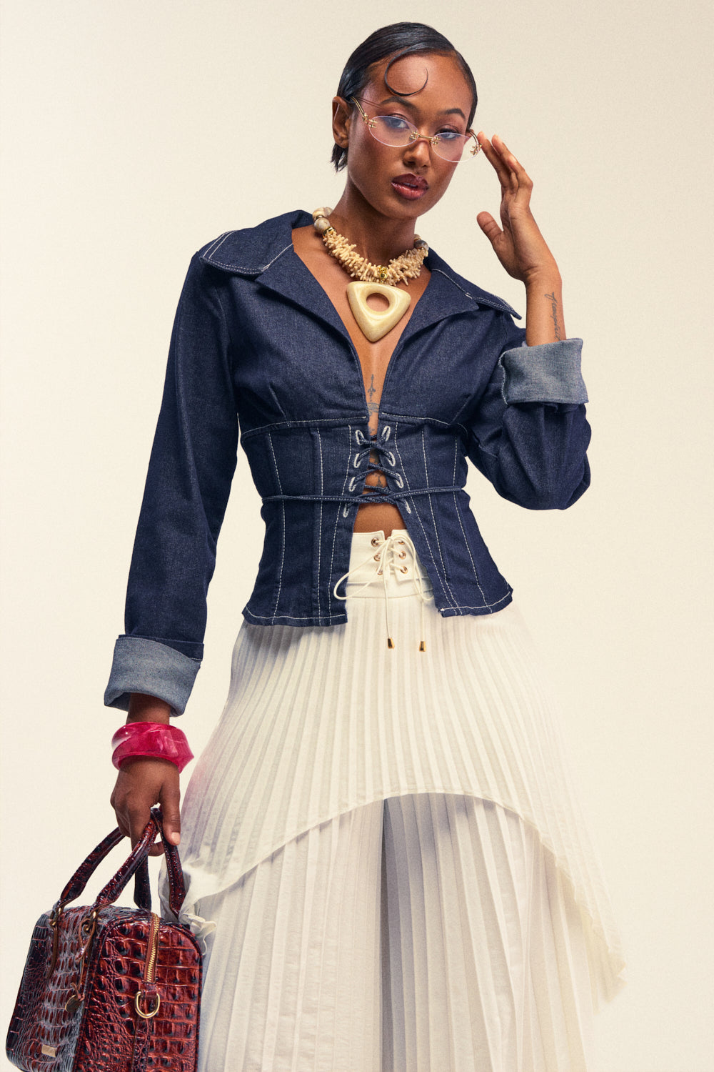 DON'T TALK TO ME LACE UP DENIM BLOUSE