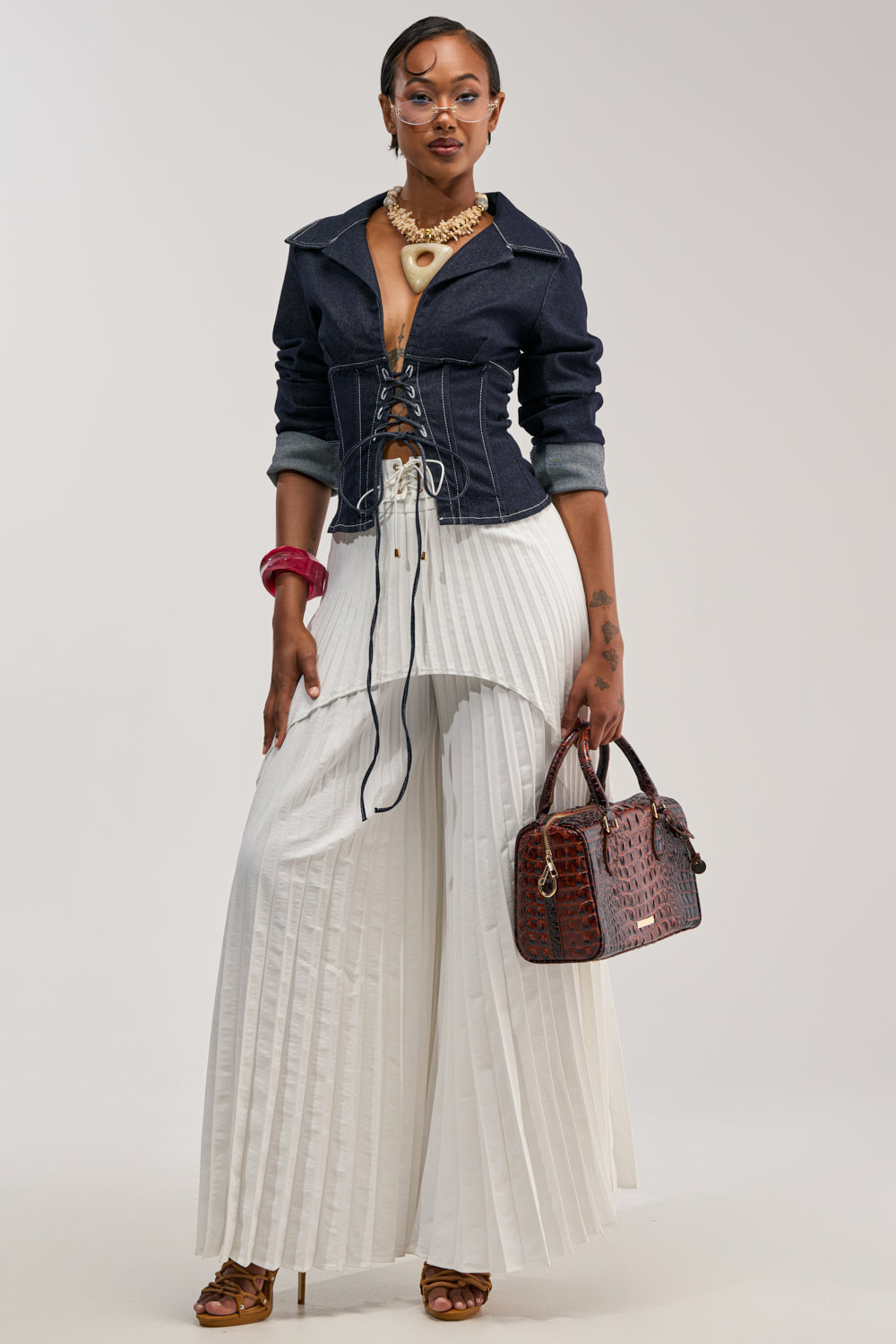 DON'T TALK TO ME LACE UP DENIM BLOUSE