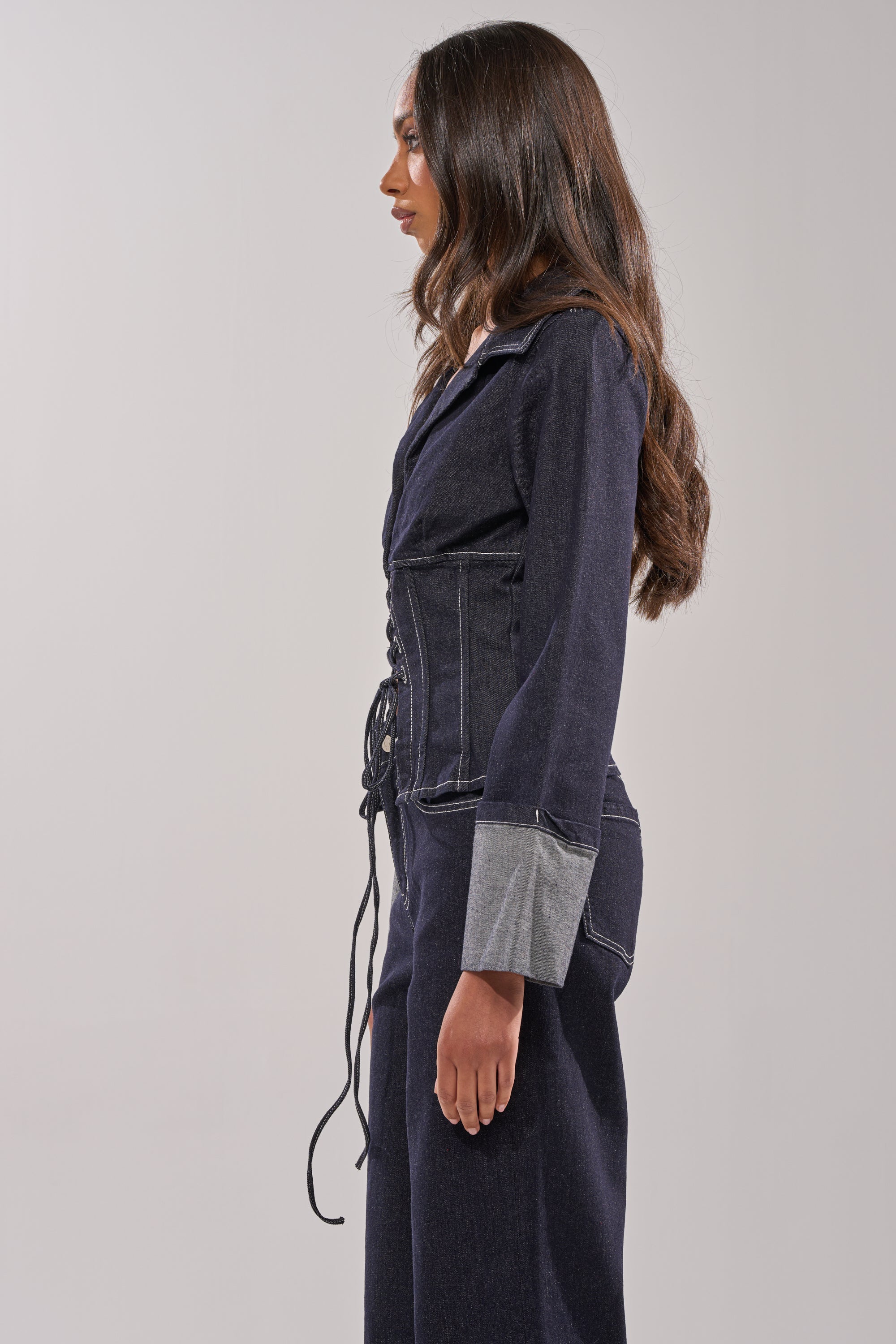 DON'T TALK TO ME LACE UP DENIM BLOUSE