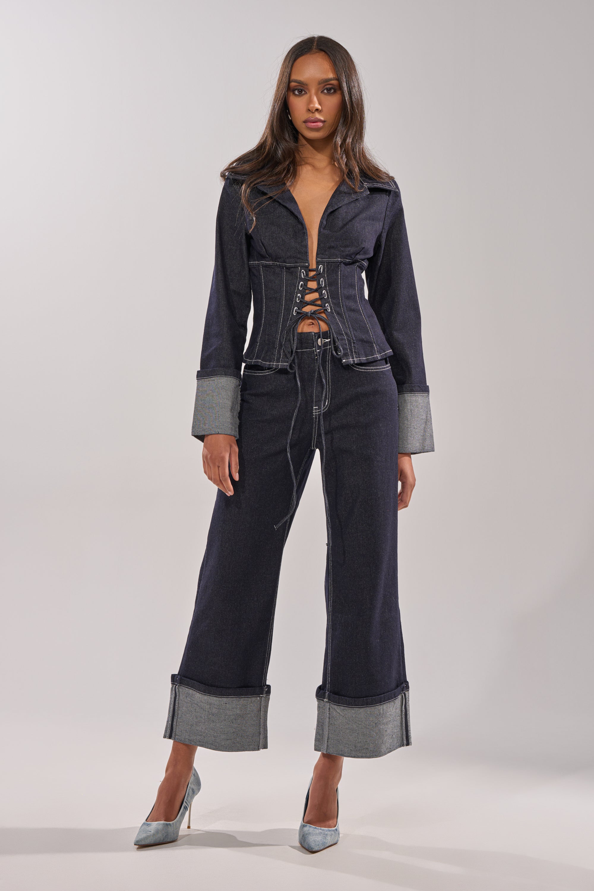 DON'T TALK TO ME LACE UP DENIM BLOUSE