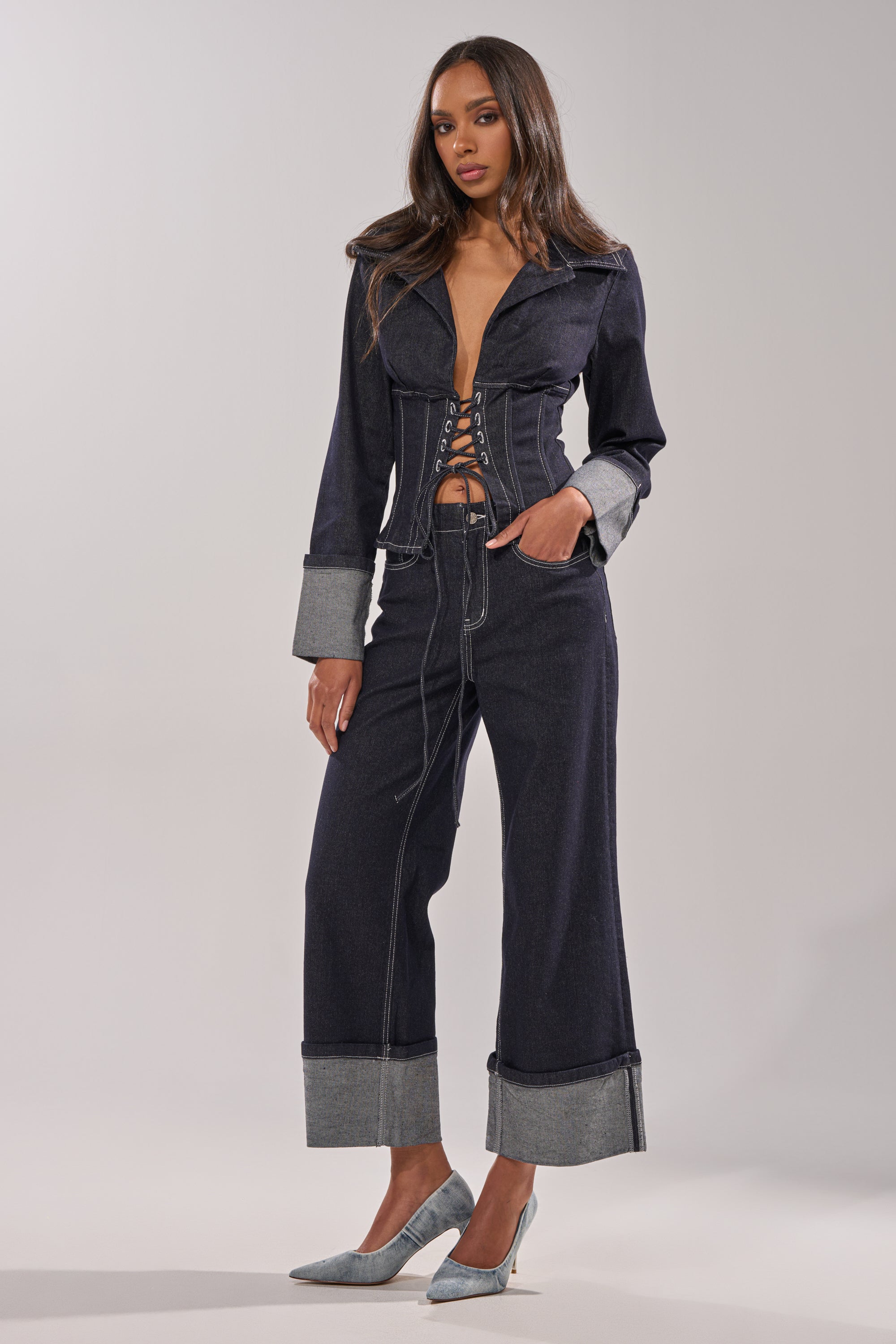 DON'T TALK TO ME LACE UP DENIM BLOUSE