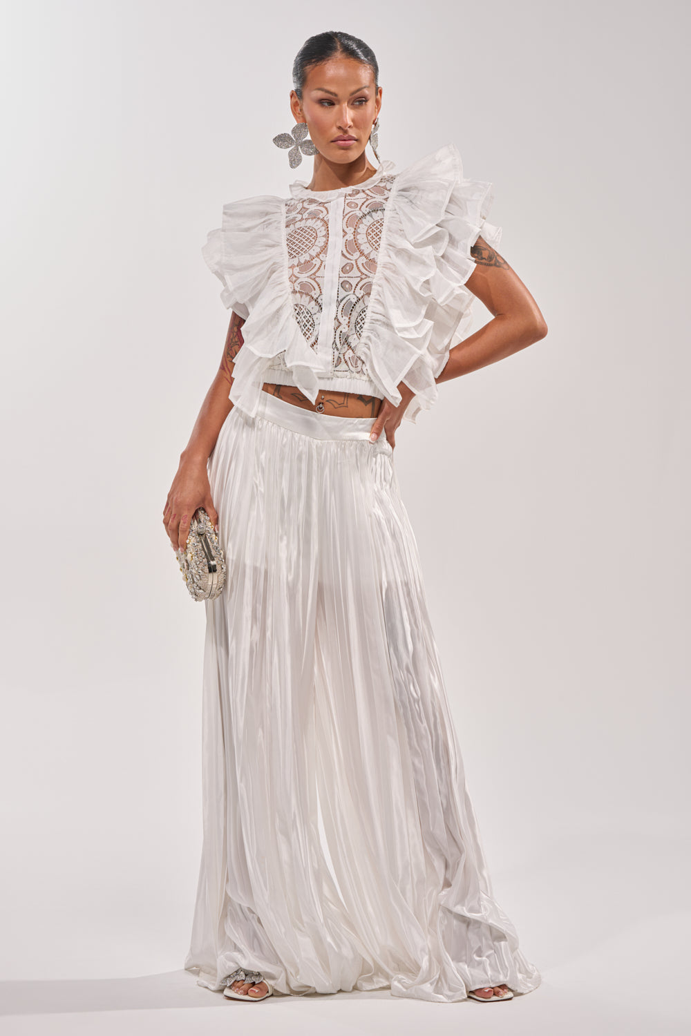 CALLED OUT SATIN PLEATED PALAZZO PANT IN WHITE