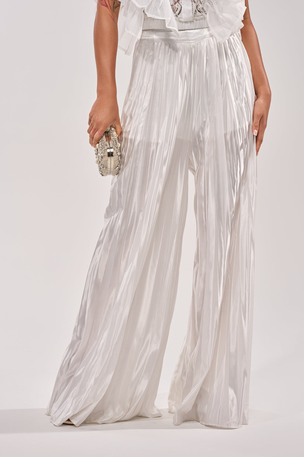 CALLED OUT SATIN PLEATED PALAZZO PANT IN WHITE