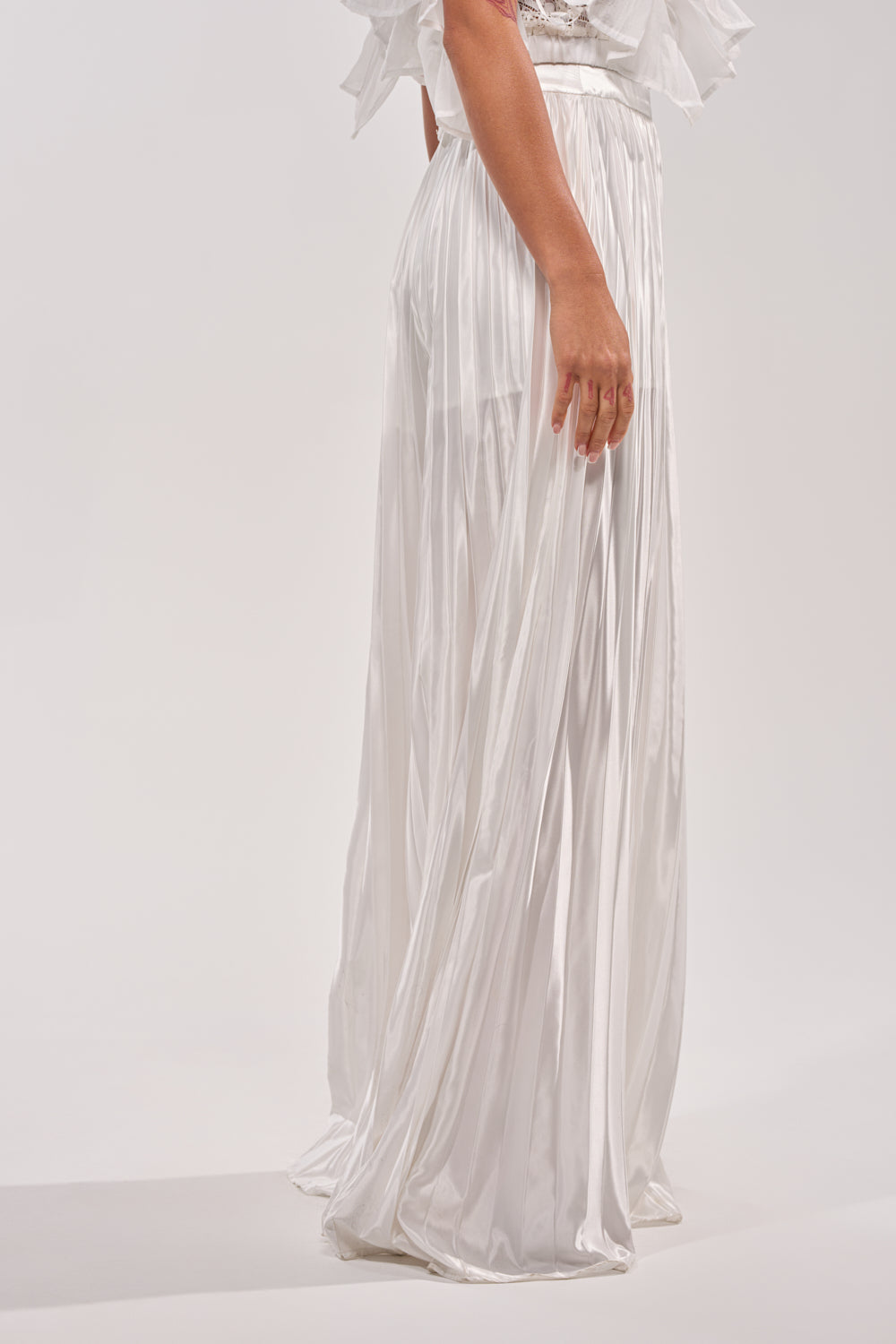 CALLED OUT SATIN PLEATED PALAZZO PANT IN WHITE