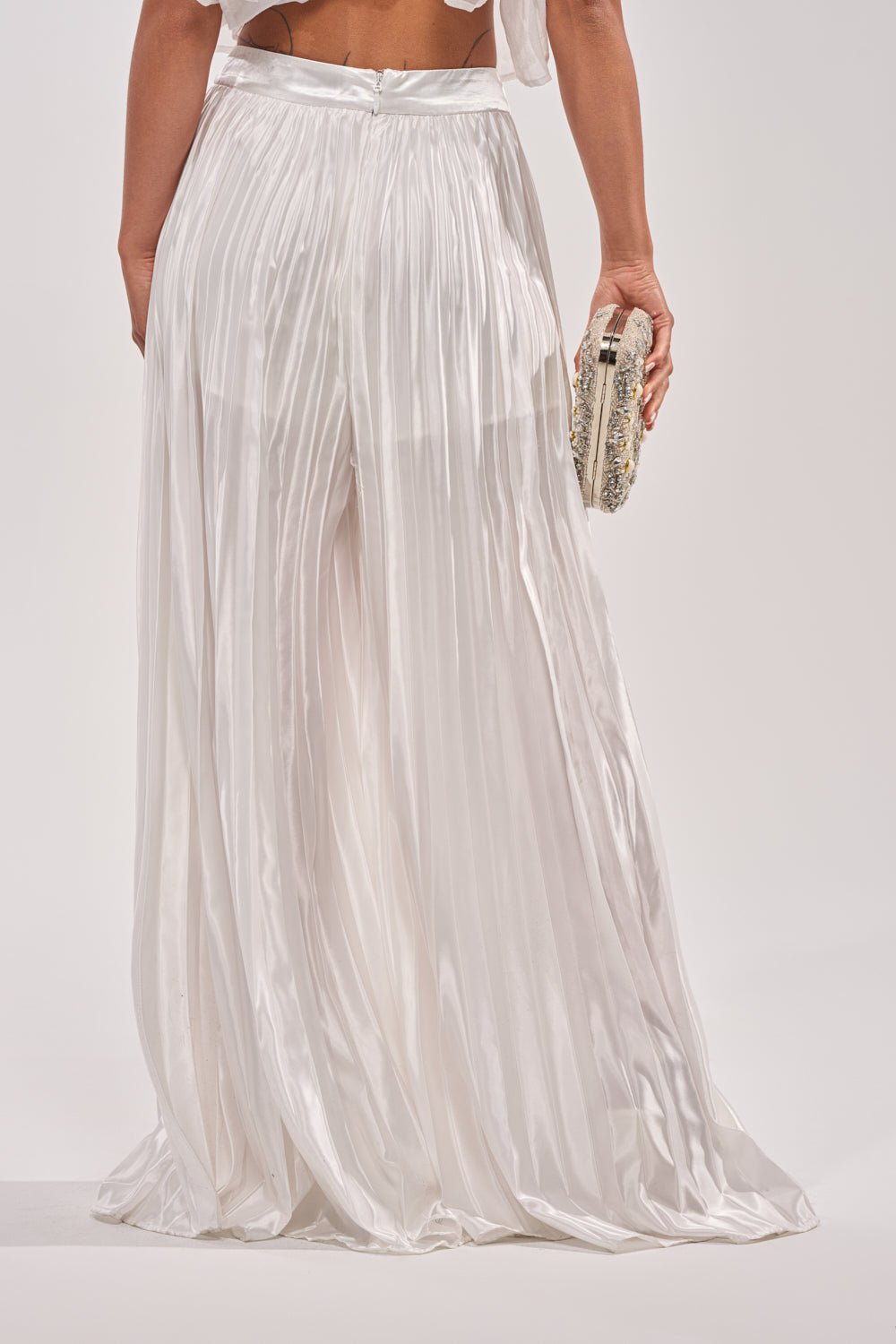 CALLED OUT SATIN PLEATED PALAZZO PANT IN WHITE