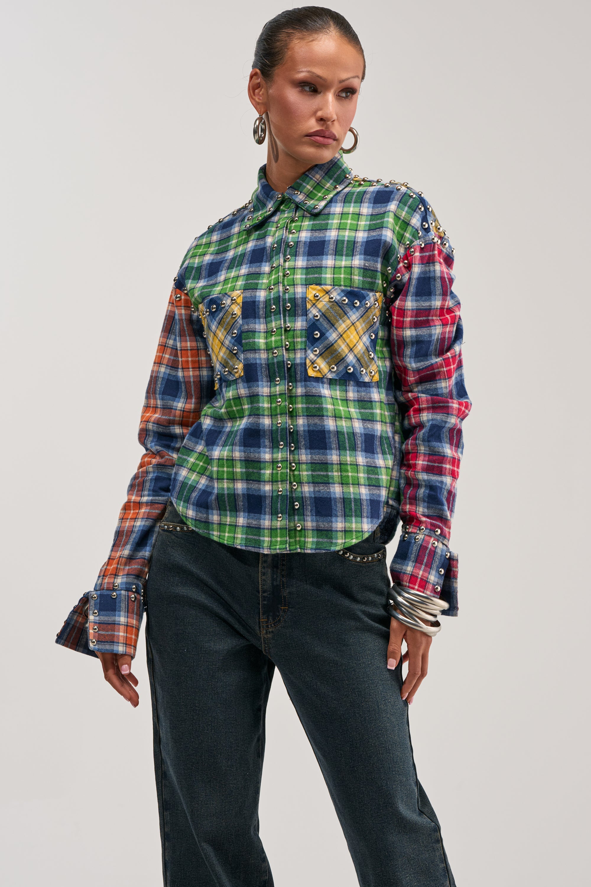 JUST FOR FUN PLAID EMBELLISHED BUTTON DOWN