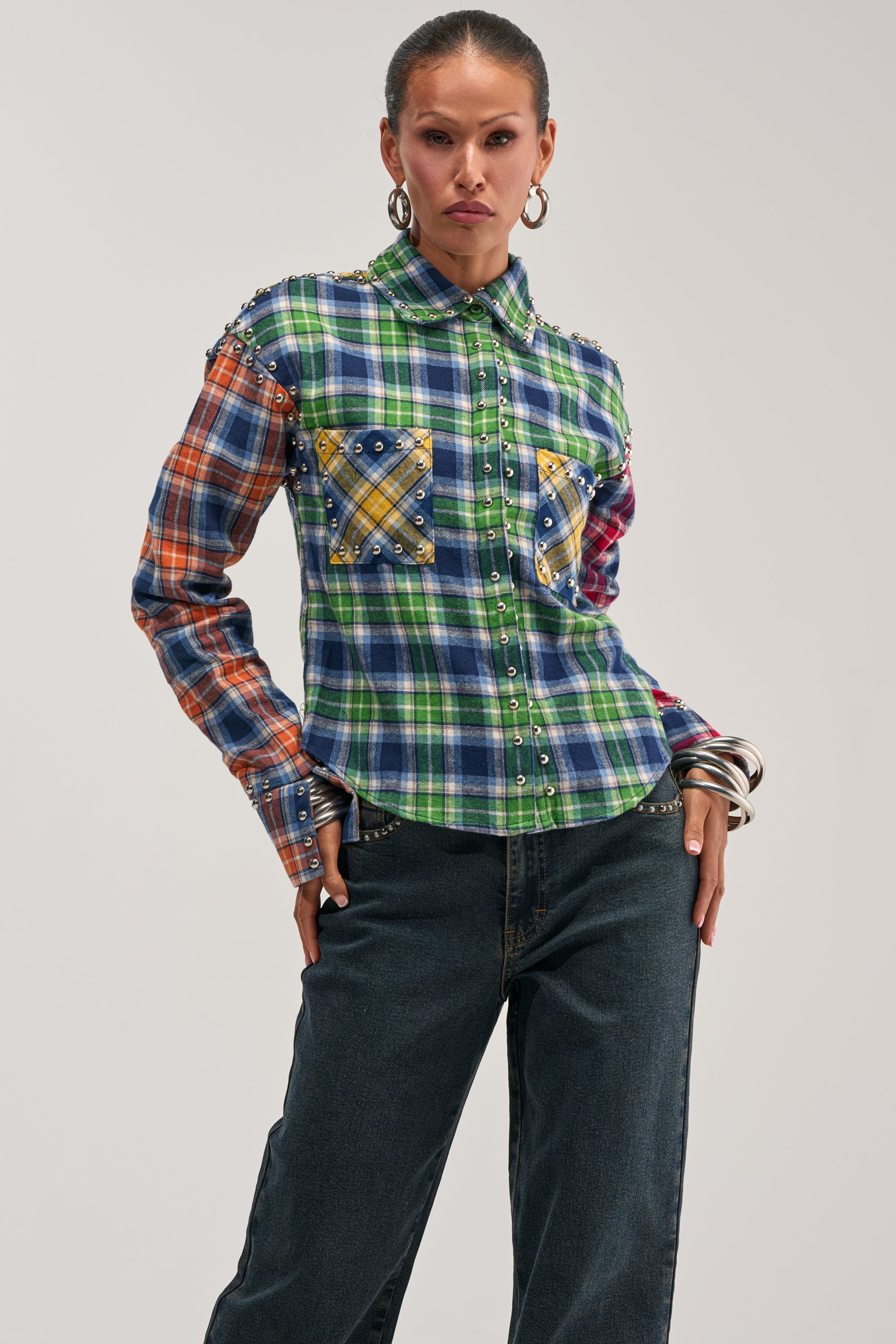 JUST FOR FUN PLAID EMBELLISHED BUTTON DOWN
