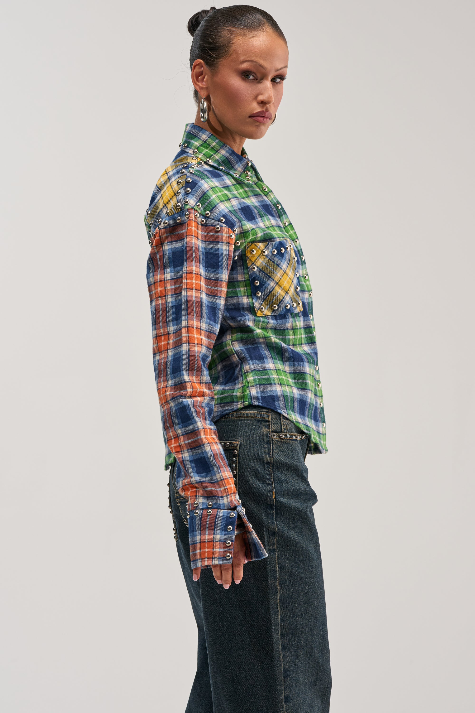 JUST FOR FUN PLAID EMBELLISHED BUTTON DOWN